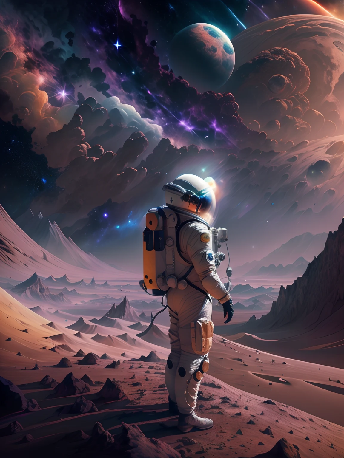 (Melhor qualidade,high resolution),(realista:1.37),astronauta,hands,planeta Terra,space,estrelas,cosmic dust,satellites,spacecraft,spacesuit,lindo capacete detalhado,distant galaxies,buraco negro,nebulosas,sistema solar,gravidade zero,darkness,deep space,universo,colorida,Luz brilhante,lua,exploration,tecnologia futurista,inspirador,aventura,desconhecido,galactic day,possibilidades ilimitadas,peaceful solitude,incredible view,cosmic perspective,eternidade,scientific discovery,spatial dimensions,majestoso,sereno.