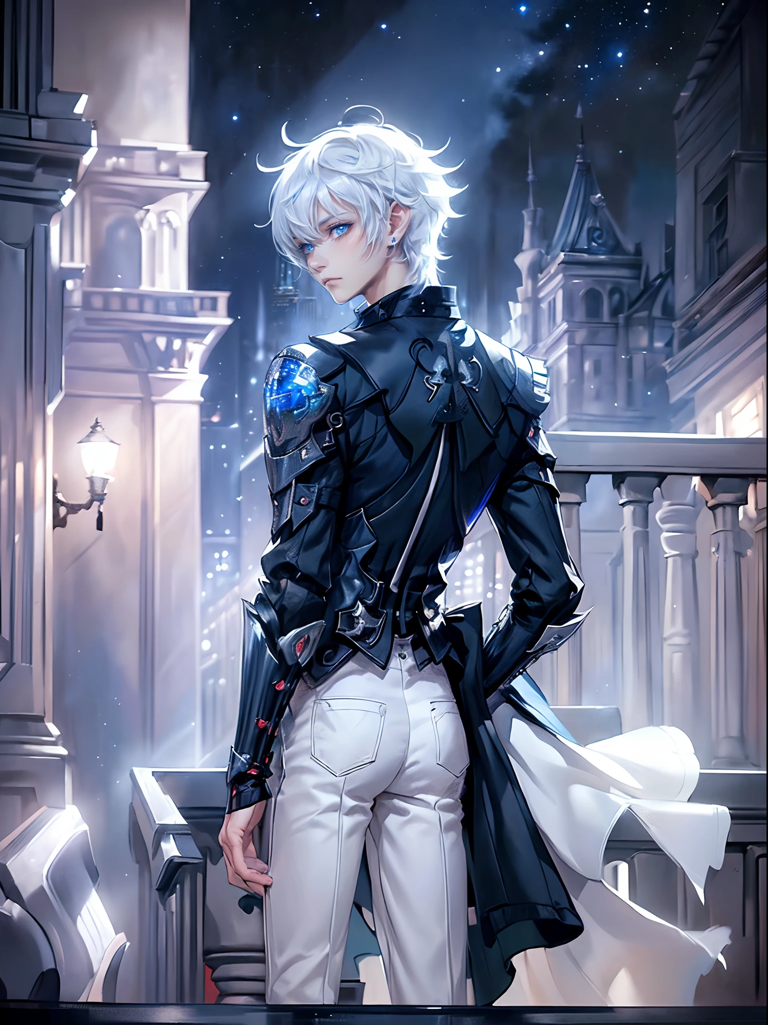 ((4K works))、masterpiece、(top-quality)、One beautiful boy、Slim body、tall、((Black Y-shirt and white pants、Charming English knight style))、(Detailed beautiful eyes)、Fantastic English black balcony、Castle inhabited by villains、Villain Knight、Balcony at night、((Starry sky in the background))、((dark sky))、((Fashionable city scenery at midnight))、((Standing on a stylish balcony and shooting))、mid night、((Face similar to Carly Rae Jepsen))、((Short-haired white hair))、((Smaller face))、((Neutral face))、((Bright blue eyes))、((American adult male))、((Adult male 26 years old))、((Cool Men))、((Like a celebrity))、((Angry look))、((Korean Makeup))、((elongated and sharp eyes))、((Happy dating))、((boyish))、((Upper body photography))、Professional Photos、((Shot alone))、((shot from back))、((Shot so that the back of the head is visible))、((Focus zoom in))、((He is looking at the starry sky))、((He is standing on the balcony))、horor、((Beautiful and cool photos))、Cool pose