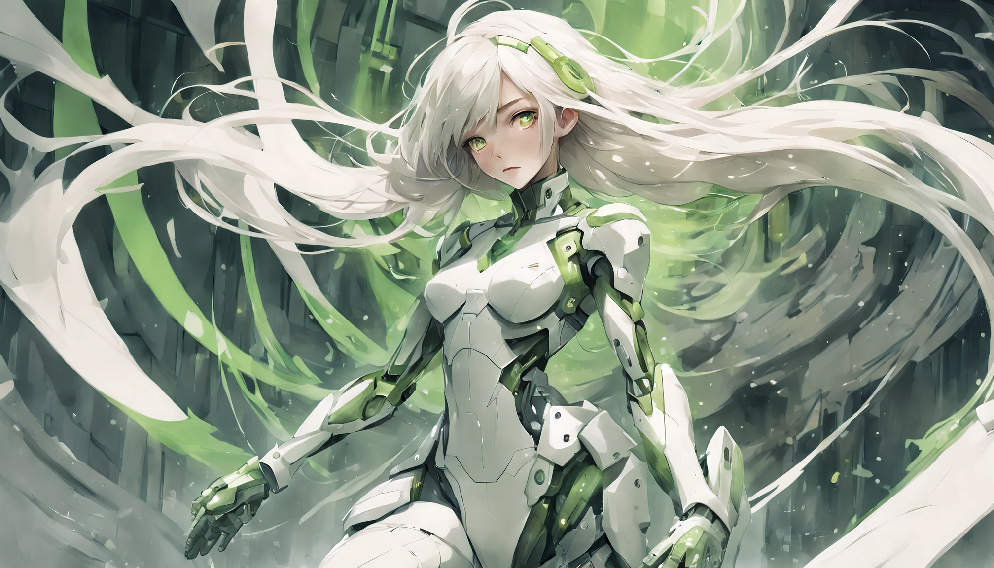absurdres, highres, ultra detailed, (1girl:1.3), kawaiiBREAK, watercolor washes, translucent layers, delicate blending, fluid textures, subtle hues, organic forms, poetic atmosphere, absurdres, highres, ultra detailed, (perfect ???????:1.1), ethereal, delicate details, highres, BREAK(girl:1.3), solo, white long hair, green eyes, cyborg, white mecha body, (battle action, dynamic action:1.2),BREAK, brutalist art, raw concrete, geometric forms, architectural sculptures, bold textures, industrial aesthetic, unadorned surfaces