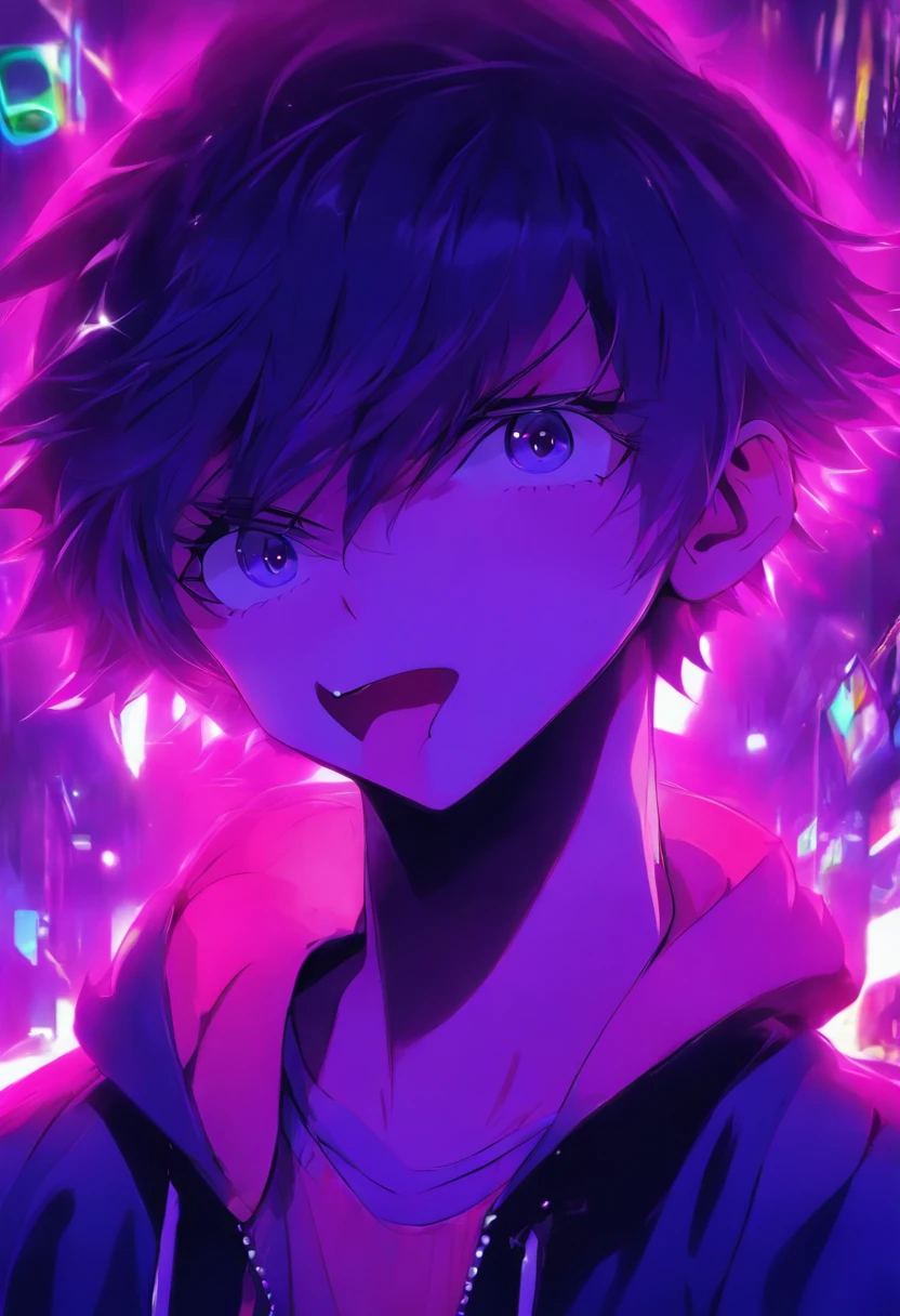 1 boy、A dark-haired、Purple Hoodie、Purple heart、Licking the tongue、short-haired、Black pants、Pink and white background