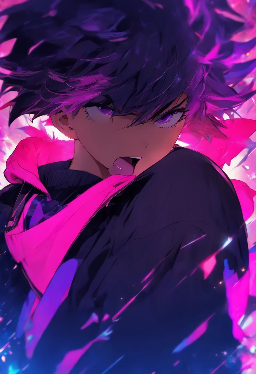 1 boy、A dark-haired、Purple Hoodie、Purple heart、Licking the tongue、short-haired、Black pants、Pink and white background