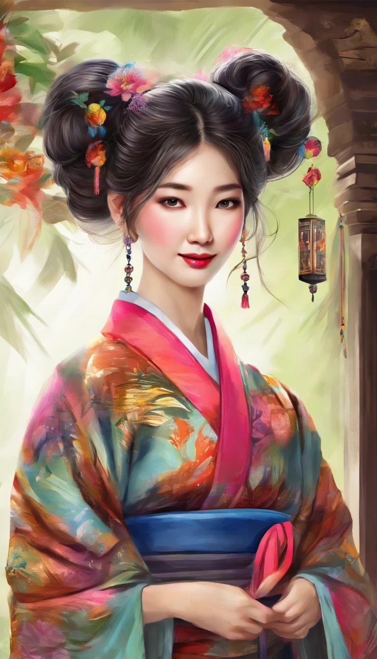 ((Yukata)),eye glass，innocent smiles，ancient city，veranda，wind chime，(1girl in, Solo:1.6),(Best Impact:1.5), (maximalism:1.7),Vivid contrast, (Realistic), hyperrealistic illustrations, hight resolution, ultra-detailliert, absurderes,(Fractal Art:1.3)、Random hairstyle、Random hair color colorful、Iridescent eyes、FULL BODYSHOT、Retro、Precise focus、randome pose、cinema4d、Drama