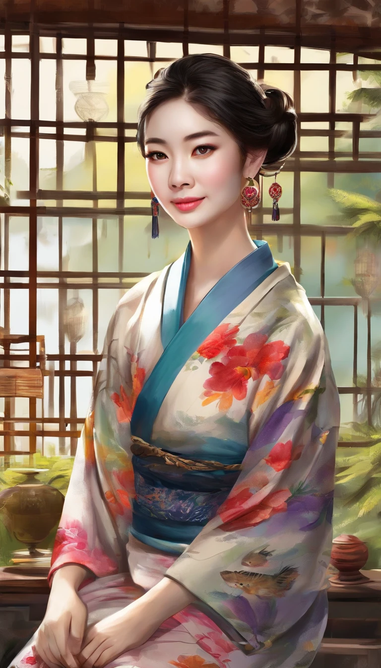 ((Yukata)),eye glass,innocent smiles,ancient city,veranda,wind chime,(1girl in, Solo:1.6),(Best Impact:1.5), (maximalism:1.7),Vivid contrast, (Realistic), hyperrealistic illustrations, hight resolution, ultra-detailliert, absurderes,(Fractal Art:1.3)、Random hairstyle、Random hair color colorful、Iridescent eyes、FULL BODYSHOT、Retro、Precise focus、randome pose、cinema4d、Drama