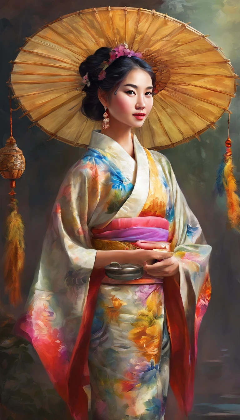 ((Yukata)),eye glass,innocent smiles,ancient city,veranda,wind chime,(1girl in, Solo:1.6),(Best Impact:1.5), (maximalism:1.7),Vivid contrast, (Realistic), hyperrealistic illustrations, hight resolution, ultra-detailliert, absurderes,(Fractal Art:1.3)、Random hairstyle、Random hair color colorful、Iridescent eyes、FULL BODYSHOT、Retro、Precise focus、randome pose、cinema4d、Drama