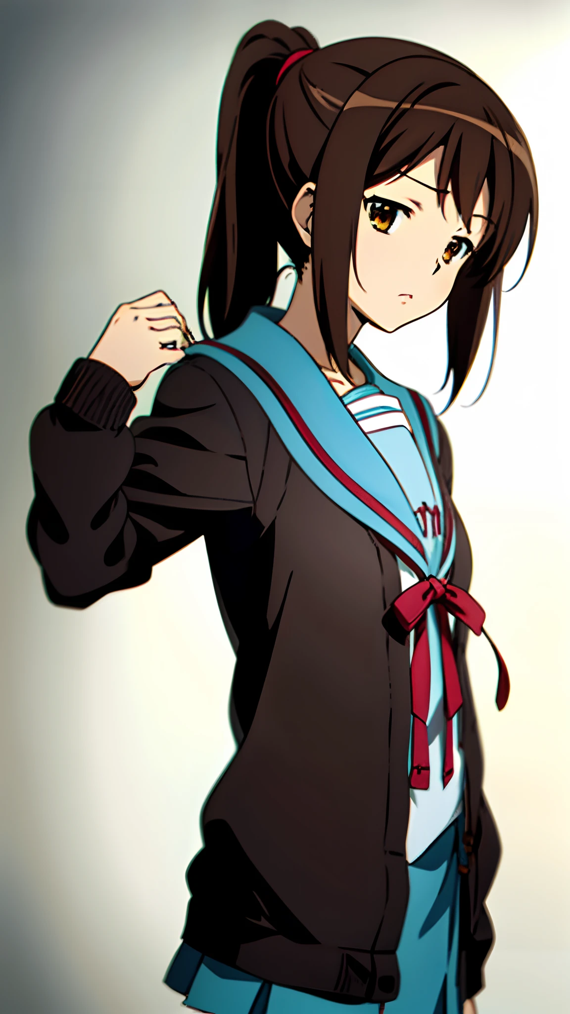 kyoani style, anime style, best quality, 4k, masterpiece, standing girl, 1 girl, solo, 1 schoolgirl, upper body, (front angle), looking at viewer, brown hair, ponytail hairstyle, brown eyes, [empty eyes], [short girl], (flat breast:1.25), [suzumiya haruhi], sailor uniform, [[sleepy eyes]], daydreaming, expressionless, (kita high school uniform), (cardigan:1.3), open clothes, open cardigan, brown cardigan, long sleeves, winter uniform