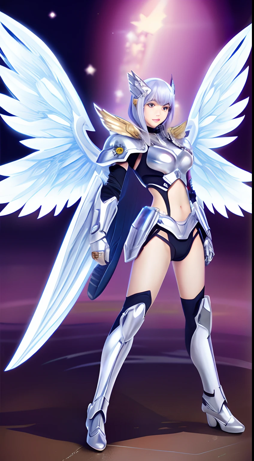 (illustratio),(Very cute angel soldier,adult lady),((Winged figures)).(Background with:Skysky),(garments:Silver armor)