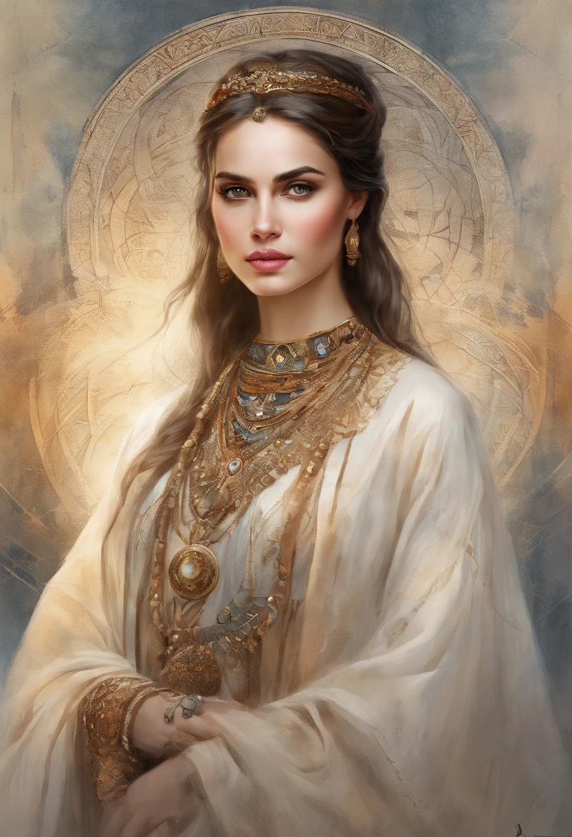 (Masterpiece, Top Quality, Best Quality, official arts, beautiful and aesthetic:1.2), Girl, Detailed Face, long dark hair, brown eye, full - body, Greek long-sleeved robe, celestial, priestess, extremely beautiful, higly detailed, (Wodena in the background), light effects, highest detail, particles floating, Ancient runes, Geometric patterns, V0id3nergy , dove, eye shadow, epic atmosphere