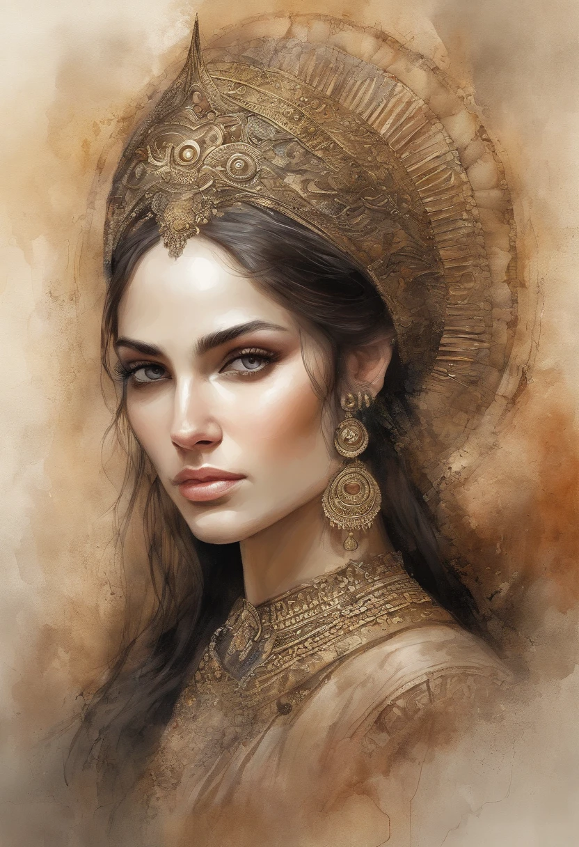 (Masterpiece, Top Quality, Best Quality, official arts, beautiful and aesthetic:1.2), Girl, Detailed Face, long dark hair, brown eye, full - body, Greek long-sleeved robe, celestial, priestess, extremely beautiful, higly detailed, (Wodena in the background), light effects, highest detail, particles floating, Ancient runes, Geometric patterns, V0id3nergy , dove, eye shadow, epic atmosphere