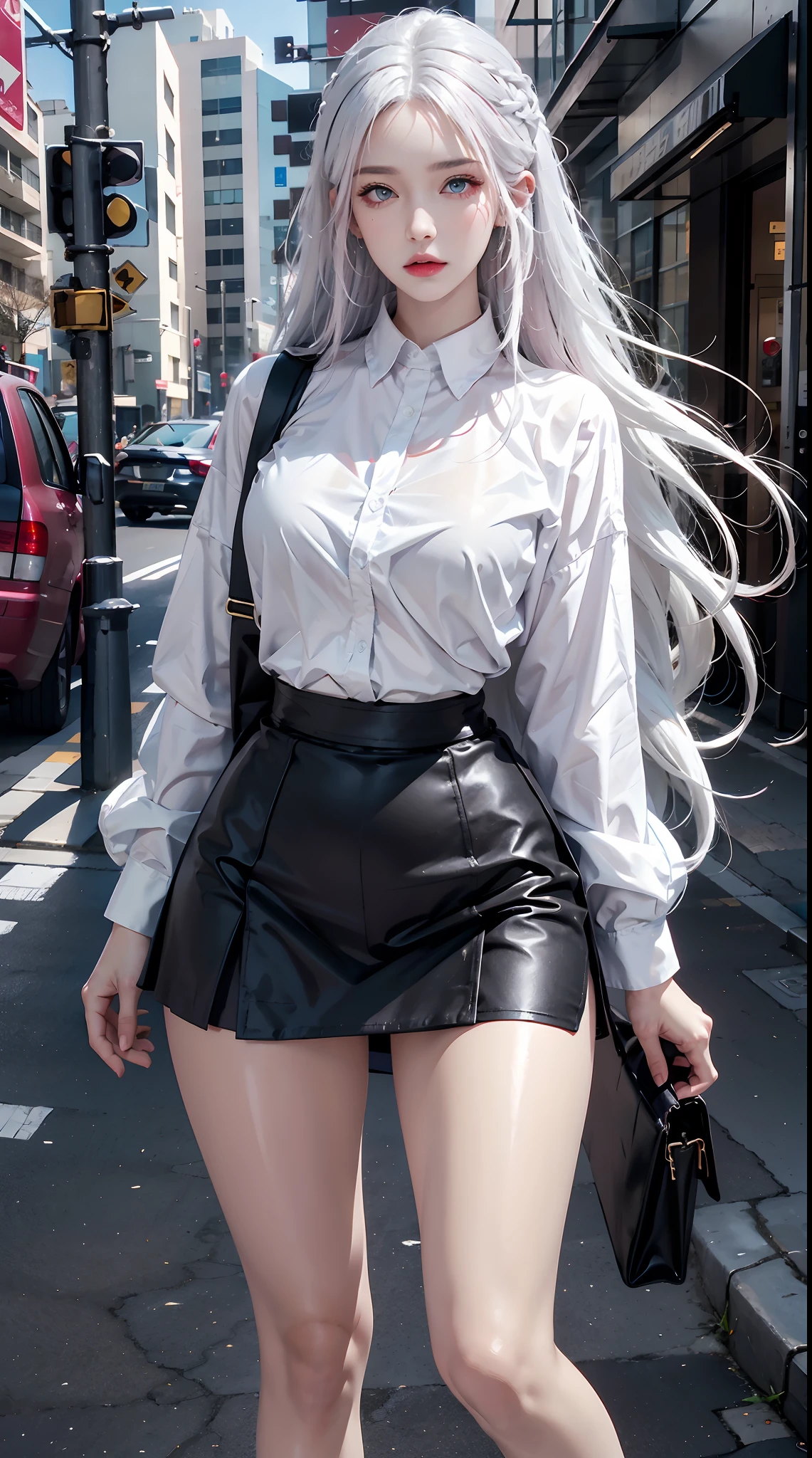 Photorealistic, High Resolution, 1 girl, skinny waist, hips up, Beautiful eyes, white colored hair, Long hair, ringed eyes, shirt with collar, black necktie,black skirt, Pencil skirts, floating in the air in magical energy, fantasy, special effects