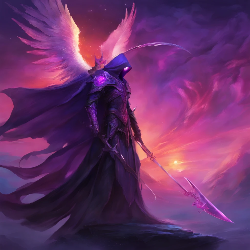 a phonk cover with a gliched dark angel of death with his scythe with puple as pricipal color
