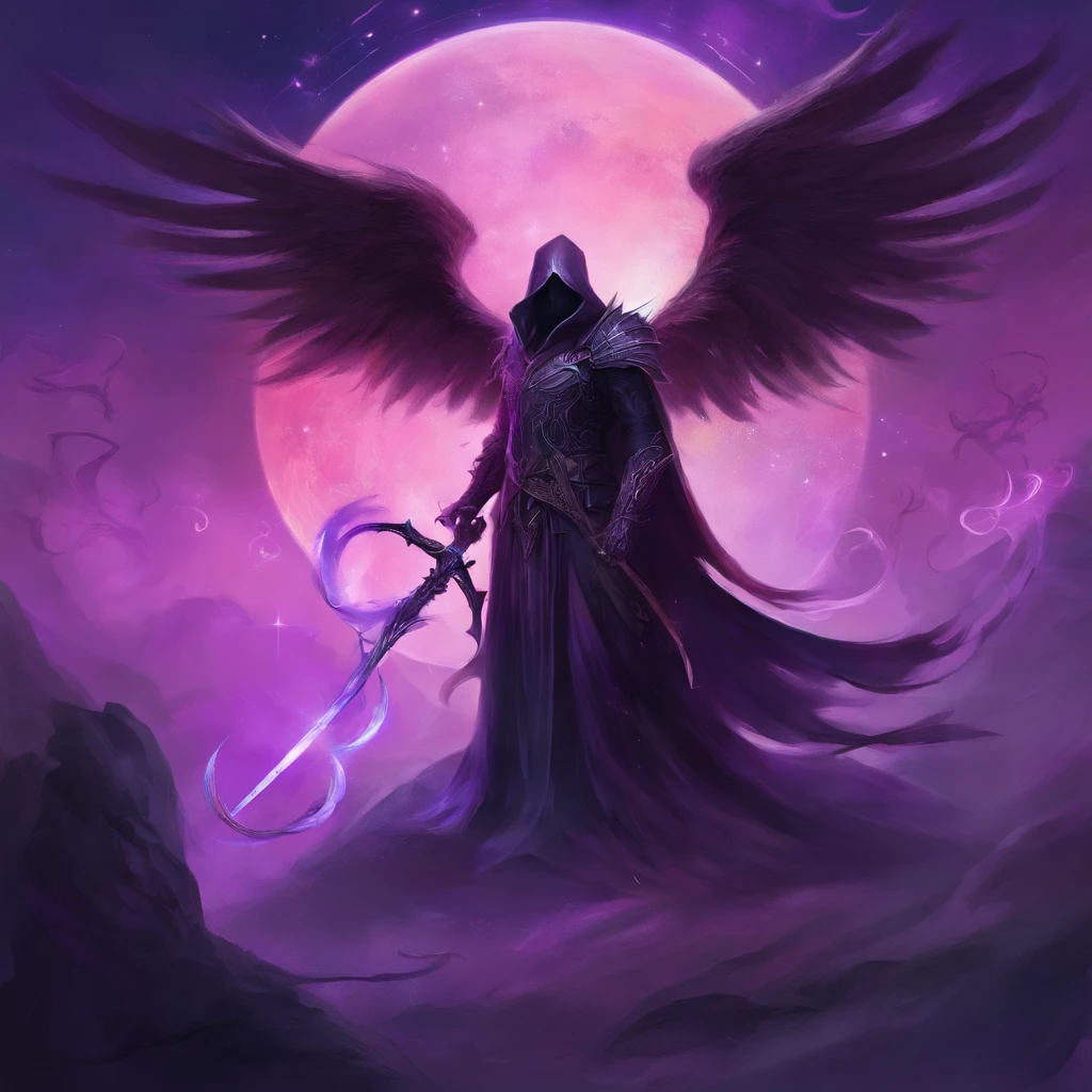 a phonk cover with a gliched dark angel of death with his scythe with puple as pricipal color