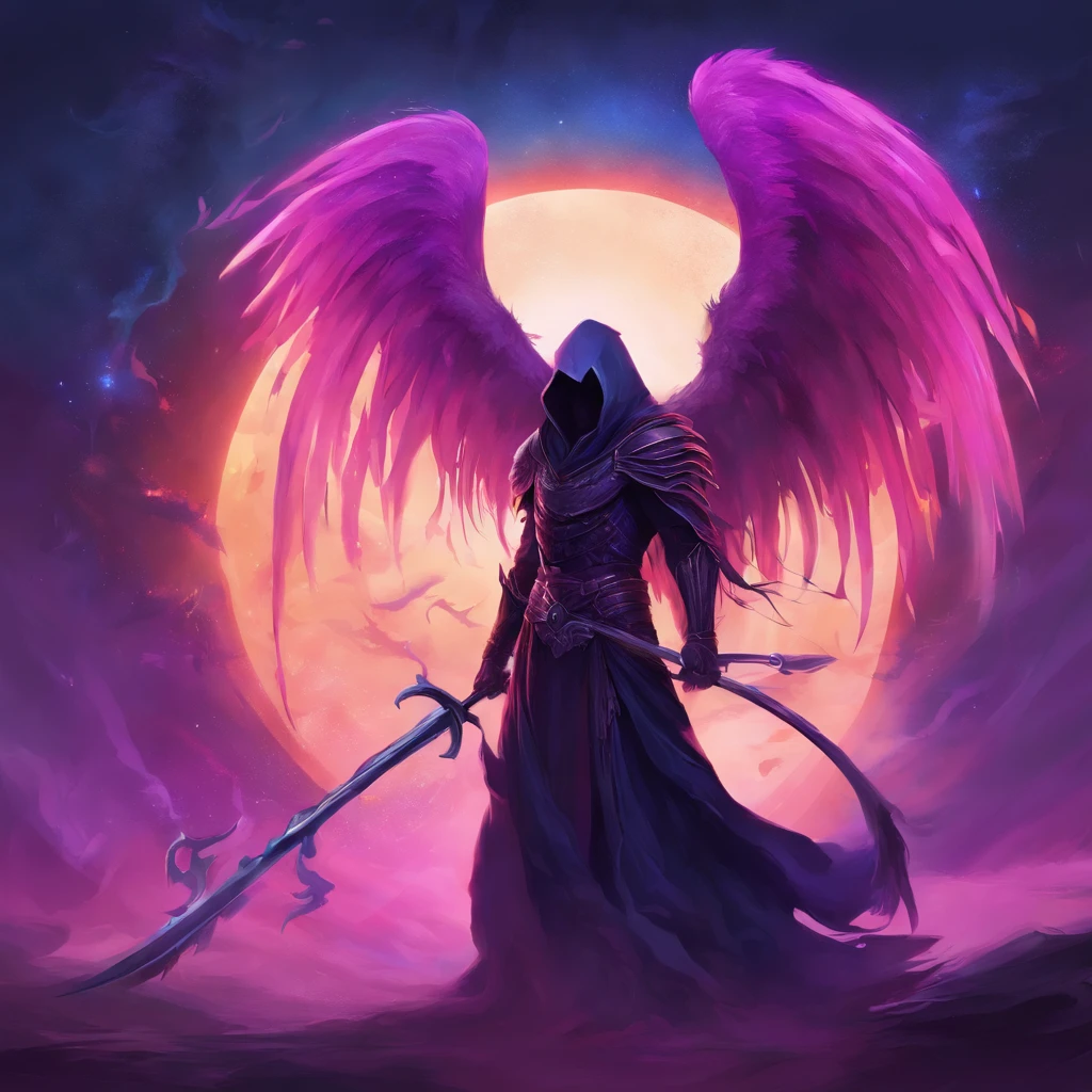 a phonk cover with a gliched dark angel of death with his scythe with puple as pricipal color