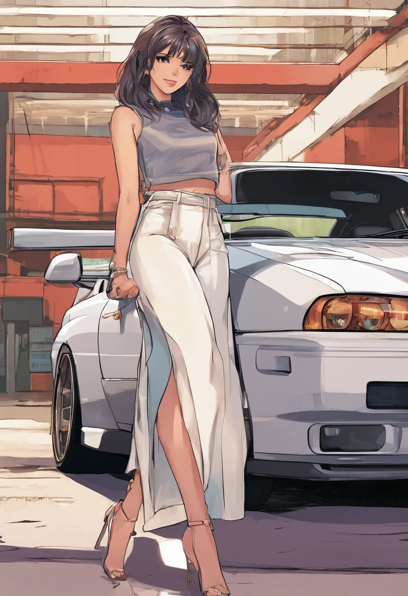 woman leaning on a car in a parking garage, wide angle , perspective, advertisment, super ultra quality, no artifacts, jackie tsai style, set in tokyo bank parking lot, 90's color photo, 90s japan, profile pic, tsubasa nakai's style, 90’s photography, 90's photo, in a modified nissan skyline r34, y2k style