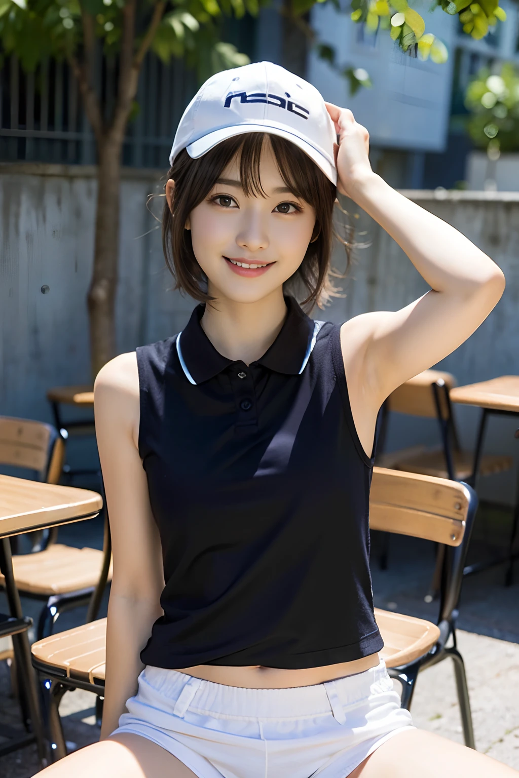 (8K、Raw photography、top-quality、​masterpiece:1.2)、(realisitic、Photorealsitic:1.37)、ultra-detailliert、超A high resolution、女の子1人、see the beholder、beautifull detailed face、A smile、Constriction、(Slim waist) :1.3)、Beautiful detailed skin、Skin Texture、Straight hair、Professional Lighting、Whole human body、Short hair、a blond、hi-school girl、School Grounds、Small breasts、Bob Hair、Happy smile、perspiring、(White panties:1.1)、Sleeveless polo shirt、Baseball Cap、(Sitting table:1.2)、(Facing the front)、(Spread legs:1.2)、Brachira、(Armpits:1.1)、ponytail