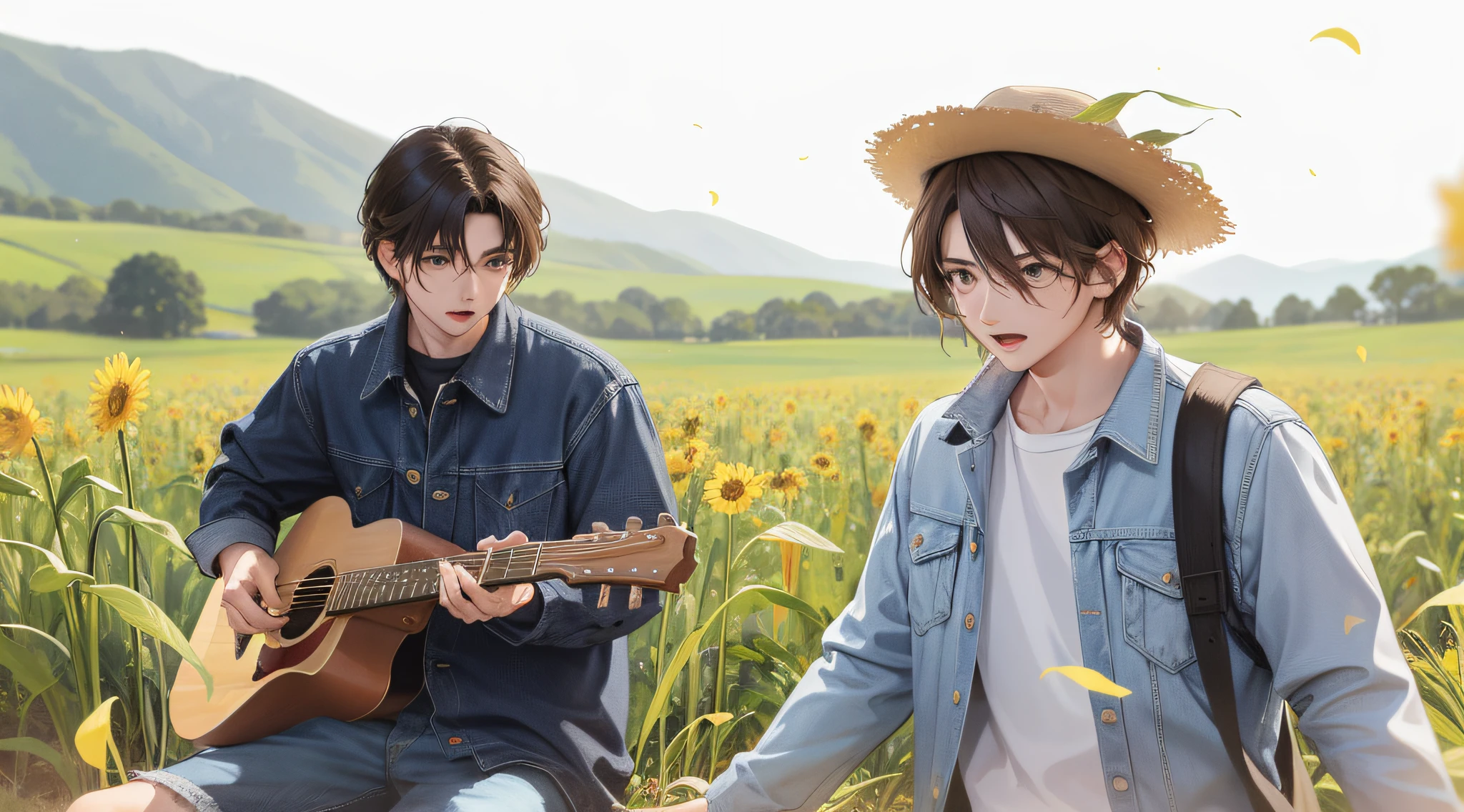 They were two young men playing guitar in a cornfield, Album art, music video, haruhi, On a sunny day, Photo Hot, still from live action movie, um dia ensolarado, in a field, official fanart, Transparent background, In the countryside, photoshoot, Cute boys, scenic full shot, Official artwork, 🍁 Cute, live-action movie scenes