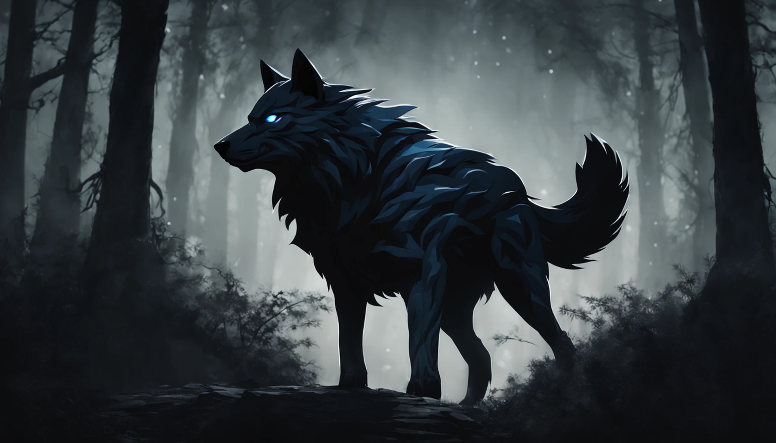 masterpiece, best quality, dark environment, backlit, blue moon, wolf, wolf head, wolf hair, (very detailed CG unified 8k wallpaper), (best quality), (best illustration), bow-waisted werewolf, close-up, focused face, depth of field, blurred background, black forest, (best shadows), detailed green eyes, ridiculous, realistic lighting, (abyss), beautifully detailed, Peter Morbach's work, fog,