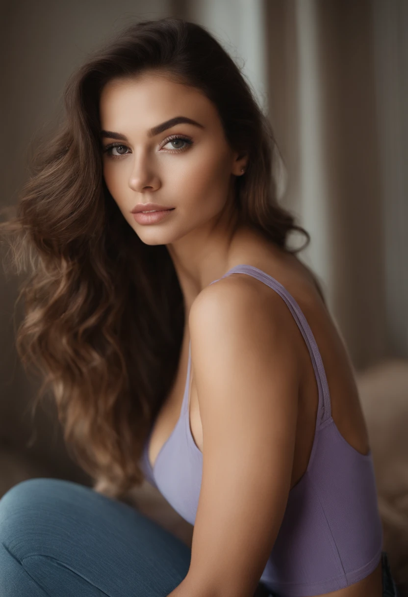 Arafed woman with matching tank top and panties, fille sexy aux yeux bruns, Portrait Sophie Mudd, cheveux bruns et grands yeux, selfie of a young woman, Yeux de chambre, Violet Myers, sans maquillage, maquillage naturel, looking straight at camera, Visage avec Artgram, Maquillage subtil, Superbe photo du corps entier, dans la chambre, clivage