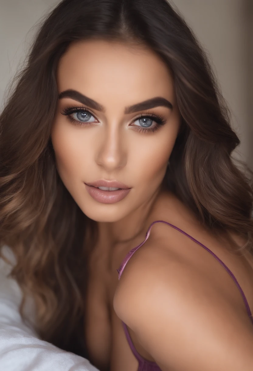Arafed woman with matching tank top and panties, fille sexy aux yeux bruns, Portrait Sophie Mudd, cheveux bruns et grands yeux, selfie of a young woman, Yeux de chambre, Violet Myers, sans maquillage, maquillage naturel, looking straight at camera, Visage avec Artgram, Maquillage subtil, Superbe photo du corps entier, dans la chambre, clivage