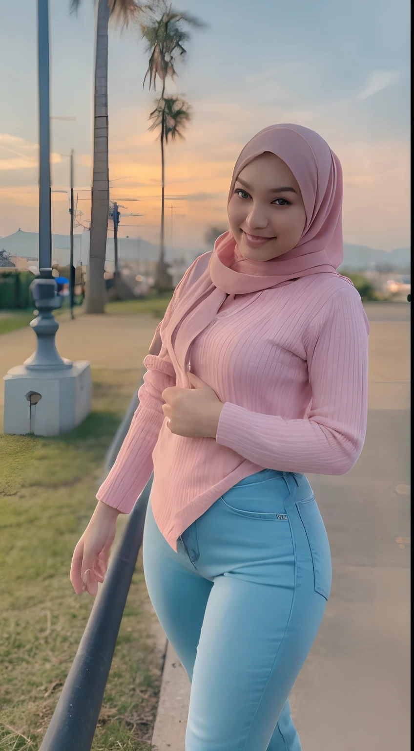 malay teen sexy seducing pose, sunrise,waterfall view, mira filzah:1.9), wearing hijab, pastel color hijab, unbutton jacket see a lace bra and pastel long gym outfit, small tits, small breast, flat chest, wide waist, thick thighs, bright lighting, plum cameltoe, wet cameltoe, wet, high quality, detail face, 16k, ray lighting,