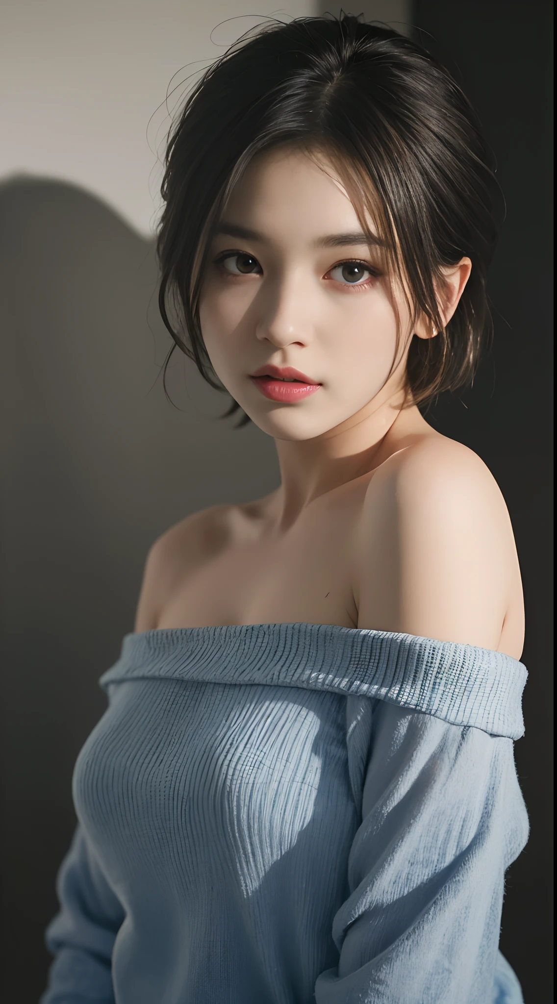 Best quality, masterpiece, ultra high res, (photorealistic:1.5), raw photo, 1girl, offshoulder, in the dark, deep shadow, low key, cold light, sexy look, short hair