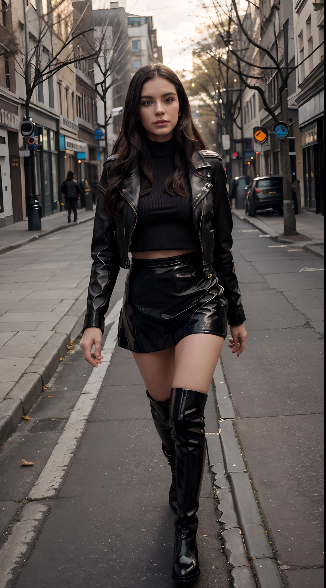 A full body portrait of a Tanned girl, with tall, black hair, green eyes, and a mole on her left cheek ,In the  street، She wears a black skirt and a black leather jacket