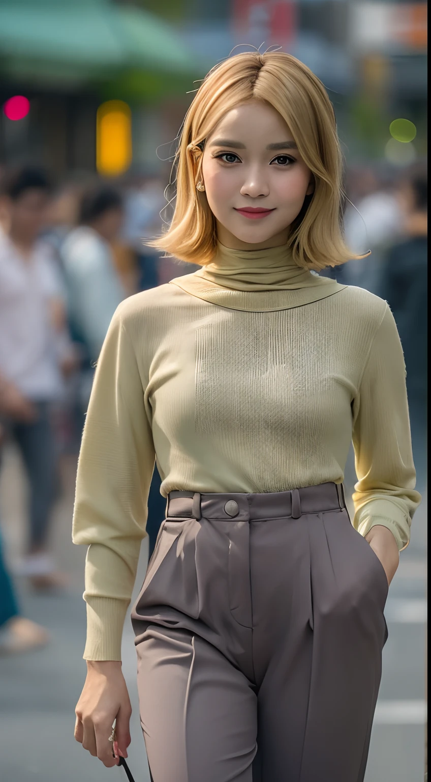 Malay girl wear Half Button Rib Knit Tee with green jacket and High Waist Plicated Detail Suit Pants, short blonde hair, bob haircut with bangs, walking in city street, catwalk, confident walk, carrying handbag, windy, elegance, front view, detail skin, detail skin texture, beautiful malay face, pastel color outfit, small breast, wide hip, wide waist, thick thighs, slim abs, beautiful body, evening, sunset, sun light enhance dramatic mood, arrogant smile, professional cinematic  lighting, blur background, bokeh, realistic, ultra detail, high quality,