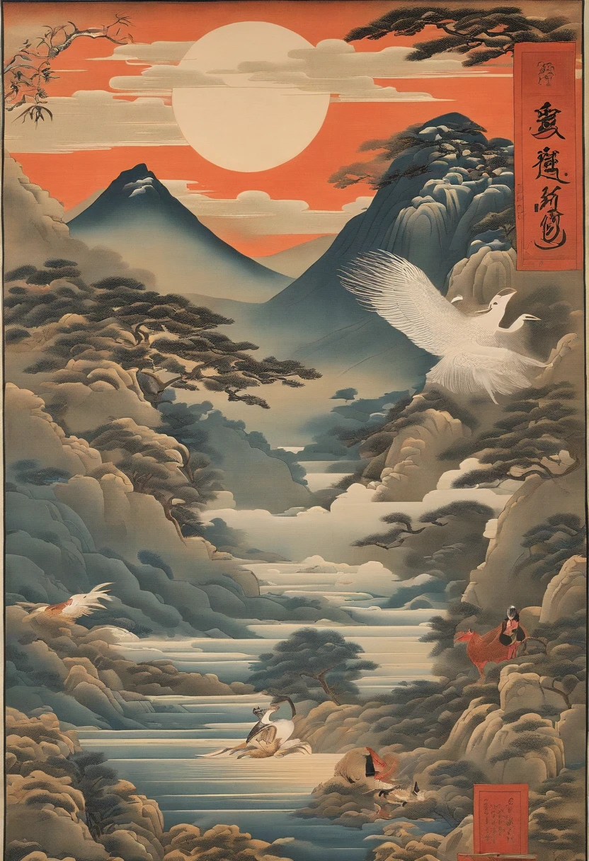 Yamakawa，rios，Sun，Mountain and Sea Skylark Scroll，Ancient mythology《Mountain and Sea Sutra》，mythological beasts，Epic composition，shadowing，National style