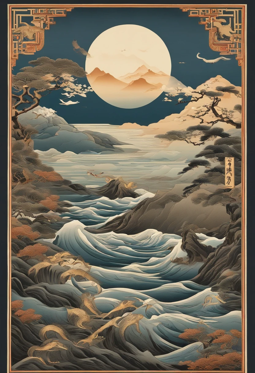 Yamakawa，rios，Sun，Mountain and Sea Skylark Scroll，Ancient mythology《Mountain and Sea Sutra》，mythological beasts，Epic composition，shadowing，National style