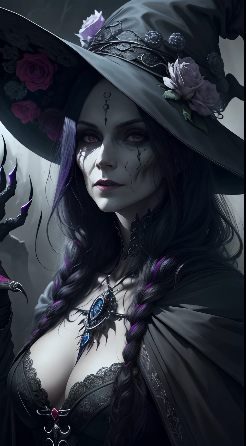 "A highly detailed and intense depiction of a terrifying Calaveric necromancer witch, Medium shot and dramatically captured on an ultra-detailed 8K wallpaper, mostrando una complejidad intrincada".
