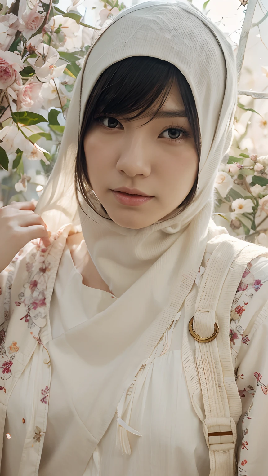 Japanese anime characters realism image, soft light effect, background with flowers