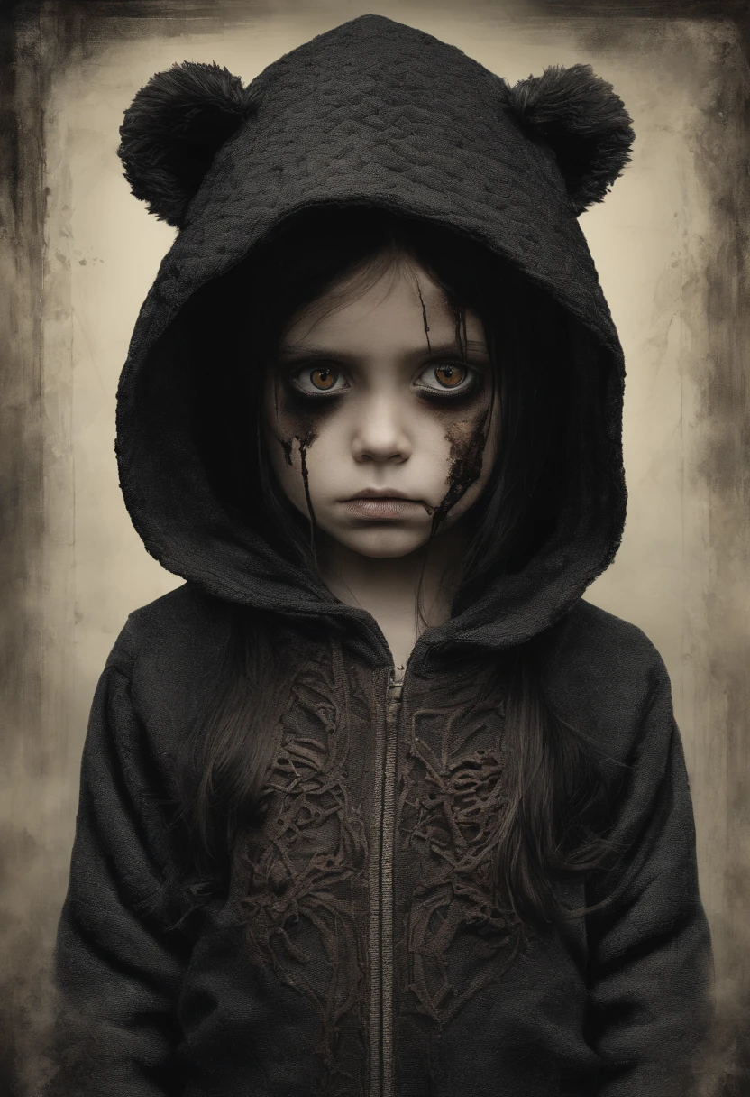 A -yead girith dark brown hair and light brown eyes wearing a teddy bear hoodie