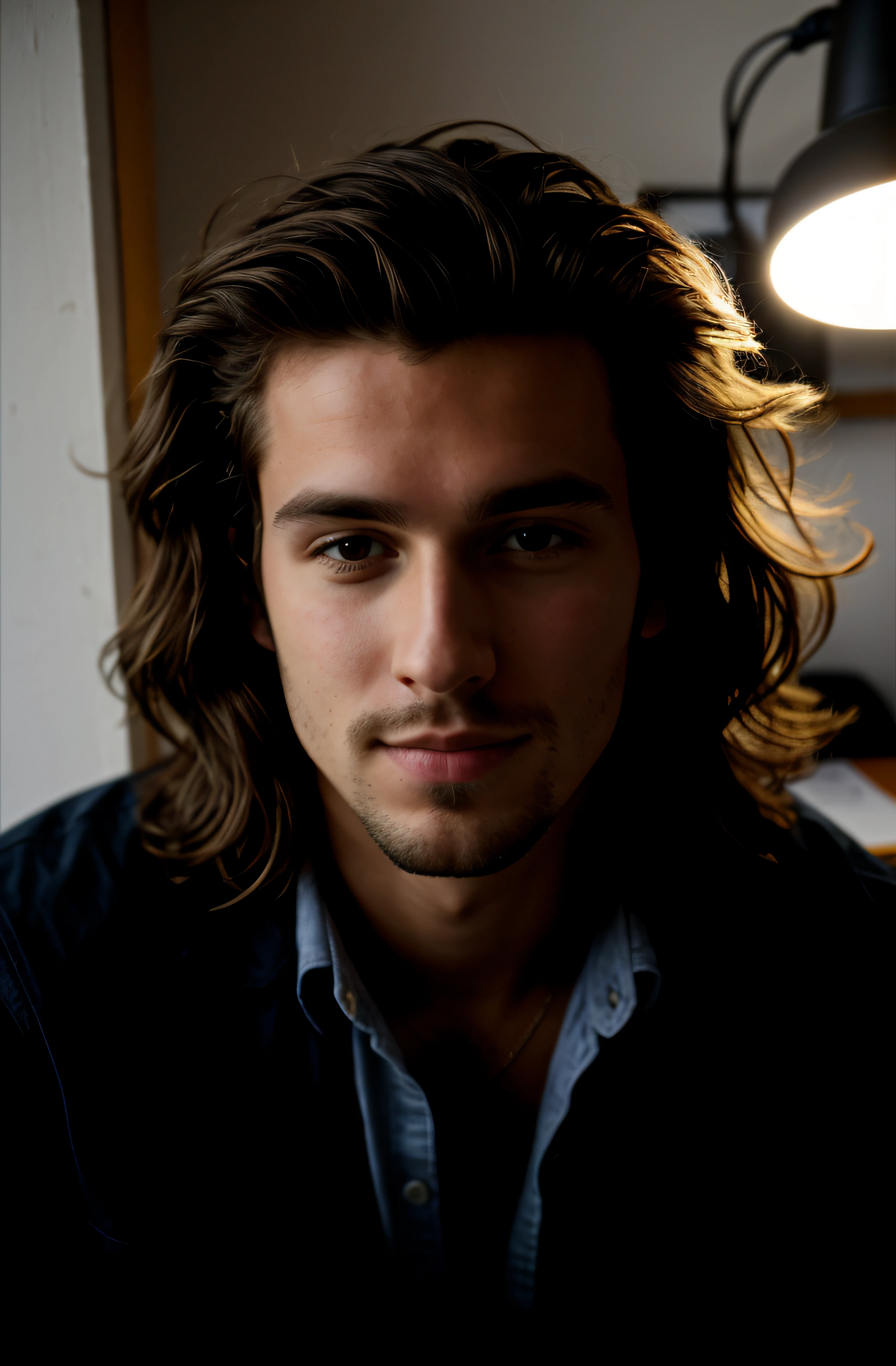 Background of a traveller's scenery, assis sur une chaise Photo net dans un bureau comme quelqu'un qui raconter un podcast, Portrait de visage photo de beau 26 ans.O homme, cheveux mi long, vetement de voyageur, content, visage lumineux, pas mettre d'ombre, Filmed by a wide-angle camera