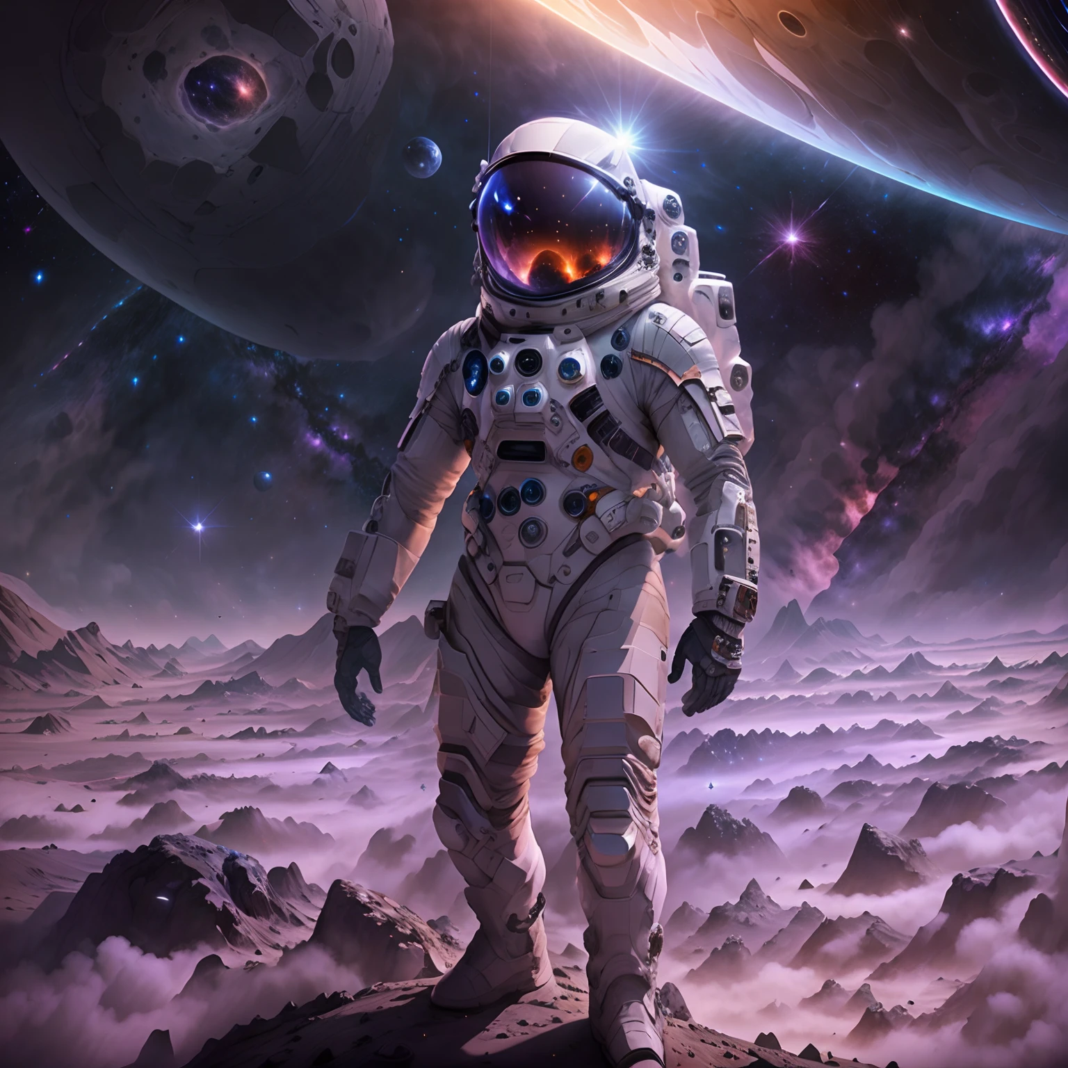 A man in a spacesuit explores an asteroid，Epic space exploration, A breathtaking vista of the universe, futuristic spacecraft, Interstellar Journey, Awe-inspiring celestial scenes, Distant star systems, ethereal nebulae, The magnificence of the universe, the mysteries of the cosmos are unraveled, Surreal interstellar landscape."