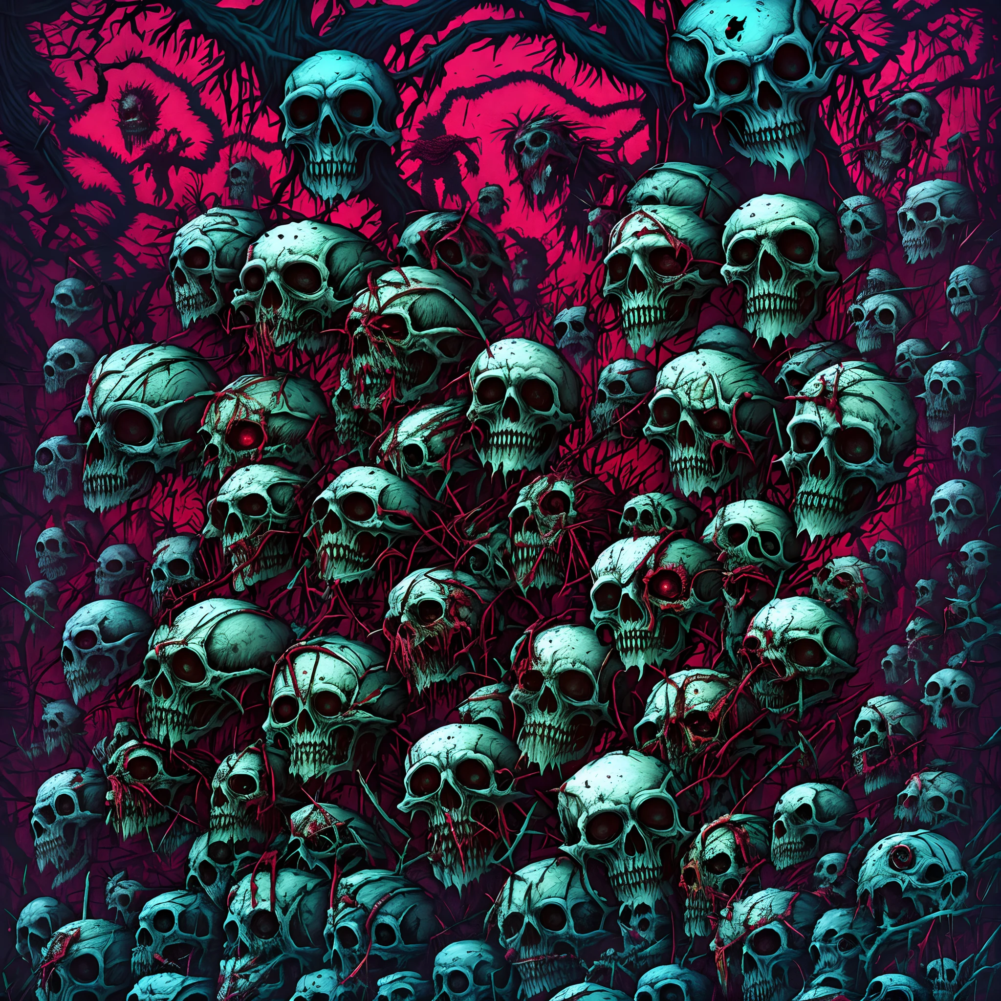 One human dead face with head extended with others heads upside, Rotten heads integrated of monsters. An artistic horror picture of dead heads. Horror art, illustration, overdetailed, UHD, hyper-maximalist, 8k resolution, hyperrealism, High detail, art by Dan Seagrave