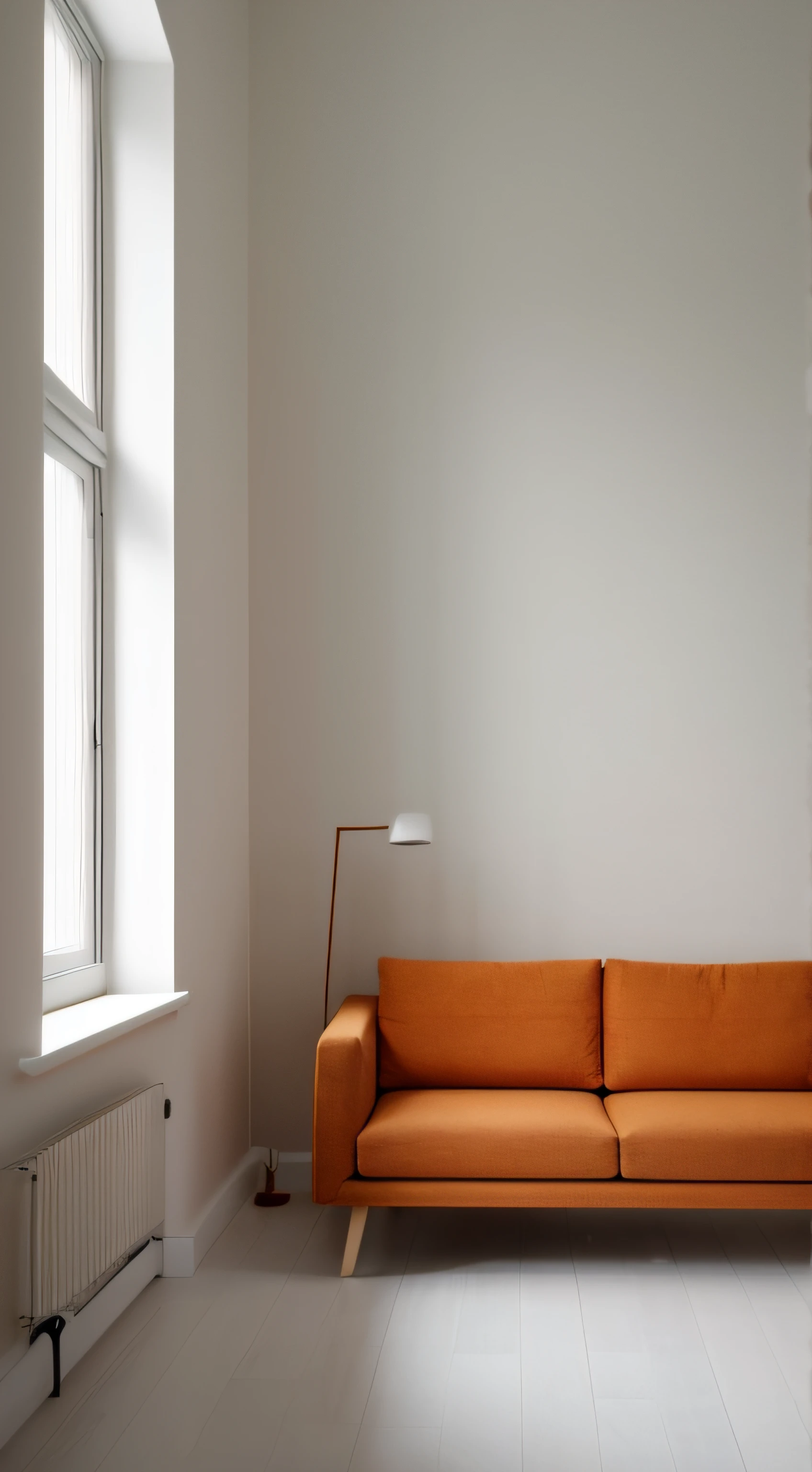 A room with minimal furniture and no people, featuring only one vase, one painting, and one sofa. The walls are painted in a light color with low saturation, creating a Orange and soft ambiance. The overall color tone of the room is consistent. The lighting is soft and gentle, without any direct sunlight or daylight effect. Tags: one vase, one painting, one sofa, minimal furniture, light-colored walls, low saturation, soft light, one-tone color scheme, no sun, no daylight. From the point of view of a person in front of a parallel wall of the camera, for background