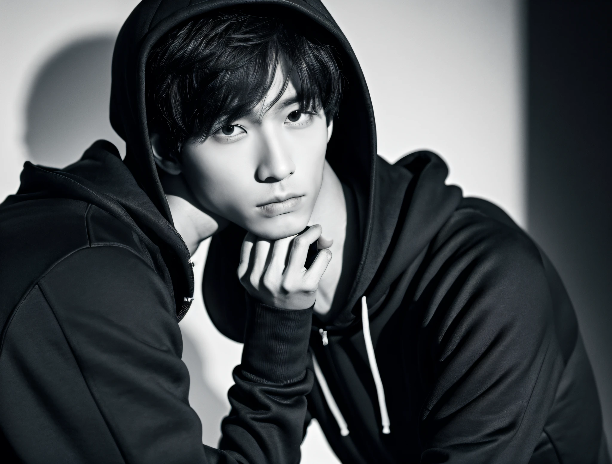 a balck man wearing a hoodie looking in to the camera with a single color background looking professional