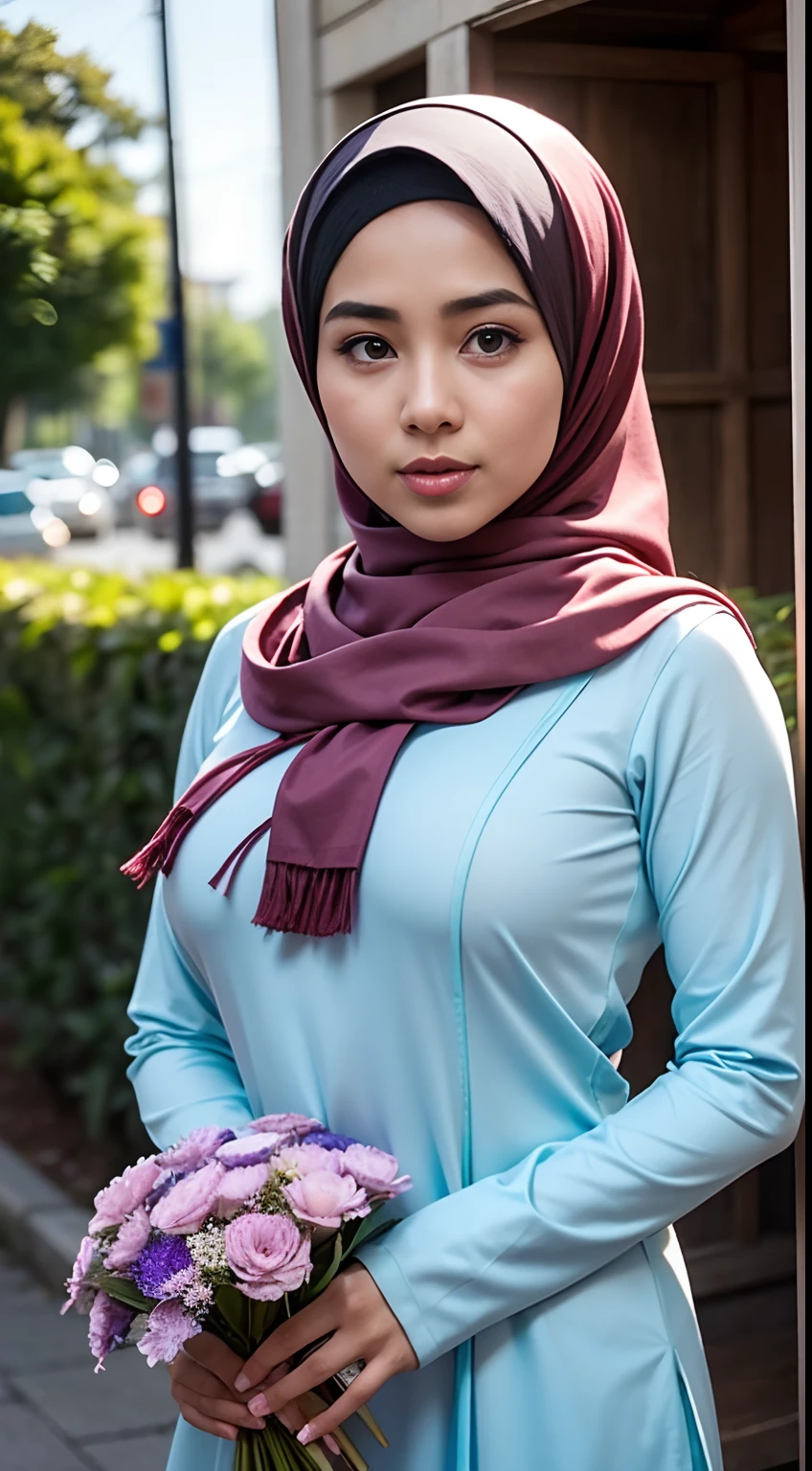 1 malay girl , modern plain hijab, shy, medium portrait shot , watery eyes ,lip watery, lip glossy, open mounth, ((big breast)), a beautiful girl with hijap, in vintage colors aodai , masterpiece, best quality, realistic:1.3, street, holding bundle of flowers, sunlight, backlighting, artstation, intricate details, vignett, prpsonal body,