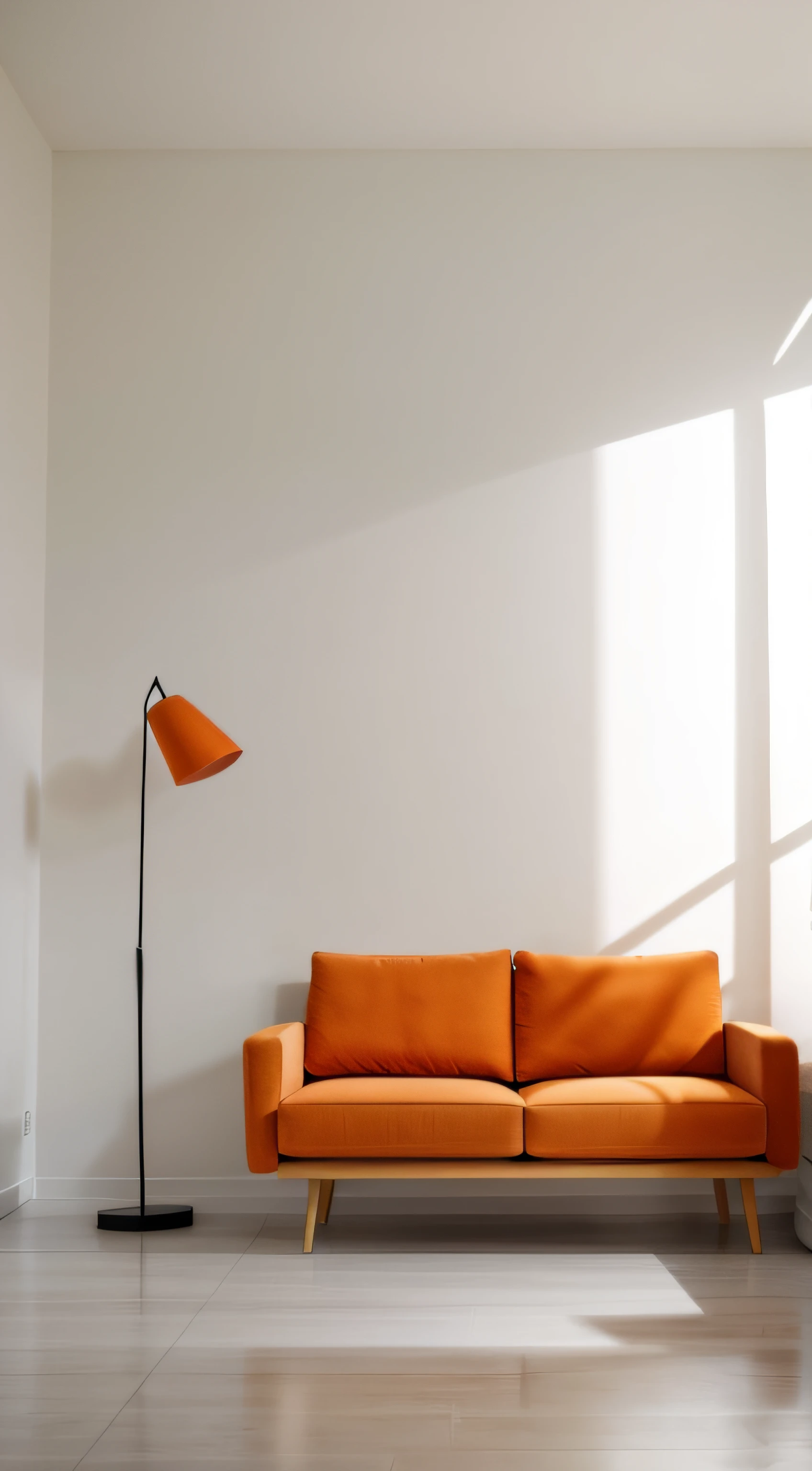 A room with minimal furniture and no people, featuring only one vase, one painting, and one sofa. The walls are painted in a light color with low saturation, creating a Orange and soft ambiance. The overall color tone of the room is consistent. The lighting is soft and gentle, without any direct sunlight or daylight effect. Tags: one vase, one painting, one sofa, minimal furniture, light-colored walls, low saturation, soft light, one-tone color scheme, no sun, no daylight. From the point of view of a person in front of a parallel wall of the camera, for background