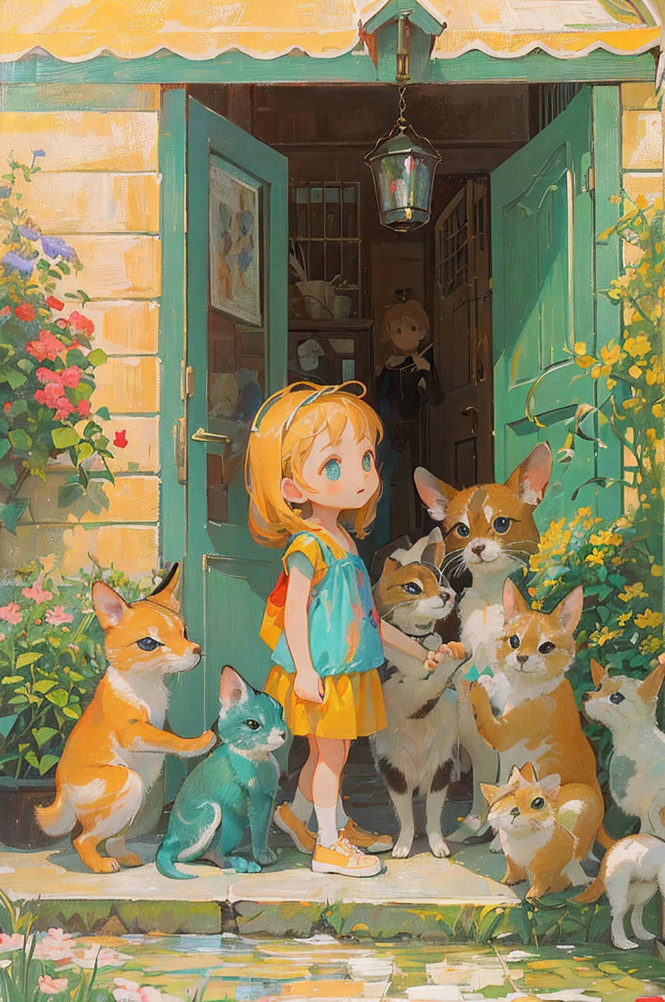 A group of small animals gathered at the front door of a small house to see the girl off on her journey. She departs while her friends (small animals), who have been playing with her since she was a baby, look on.(contemporary art like a picture book )(flat oil painting)(simplified)(low saturation)(outline in crayon)(many margins)(less is more)