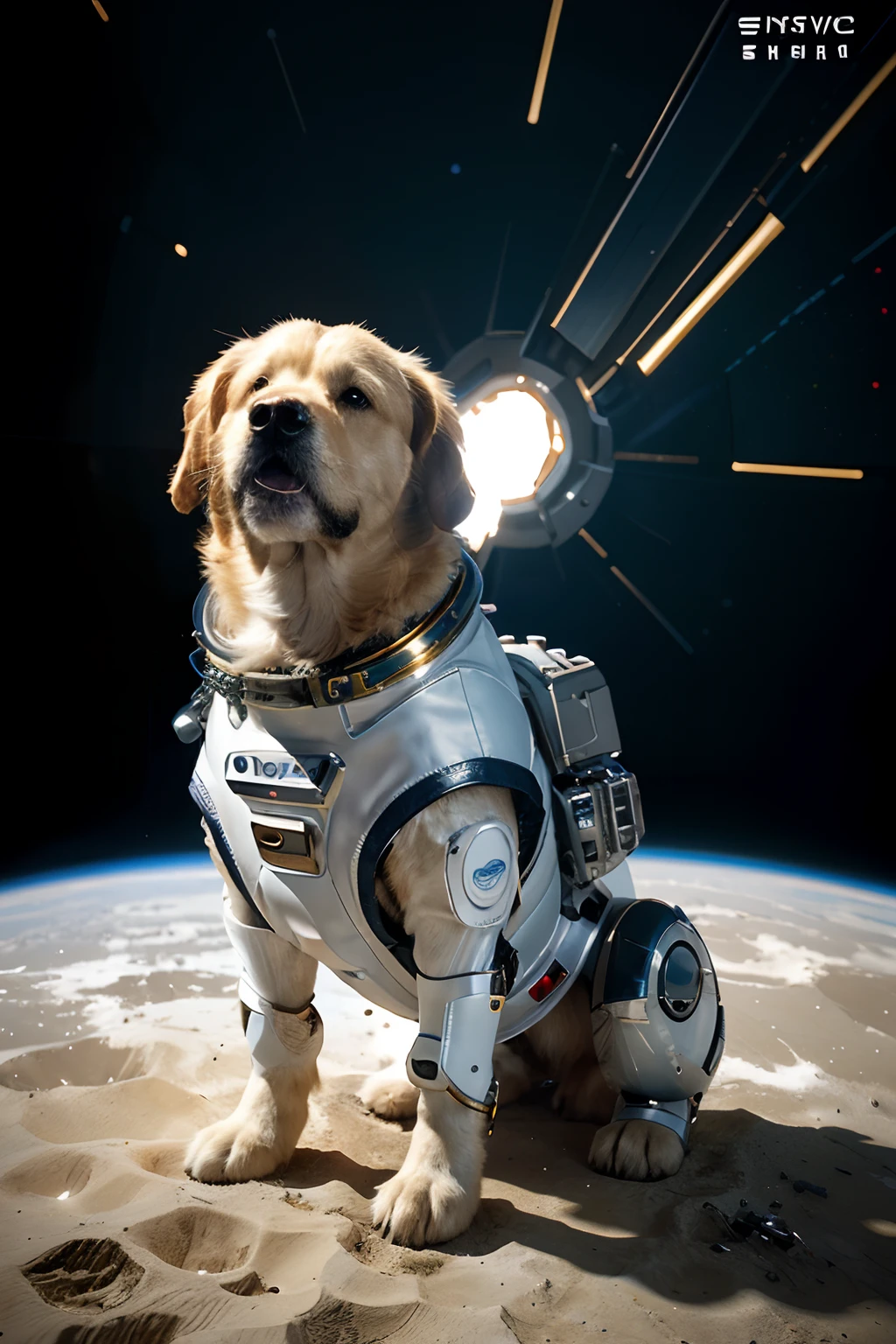 Golden retriever dog in spacesuit isolated on white background, Astronaut Golden Retriever Dog, Cyborg puppy, Space Dog, Space Dogs, Cyborg dog, Cyborg dog, Cyberpunk dogs, Armored dogs, A dog summons a spaceship, ultrarealistic concept art, Robot Dog,hyper - realistic render, hyper realistic rendering, Dog from the Void