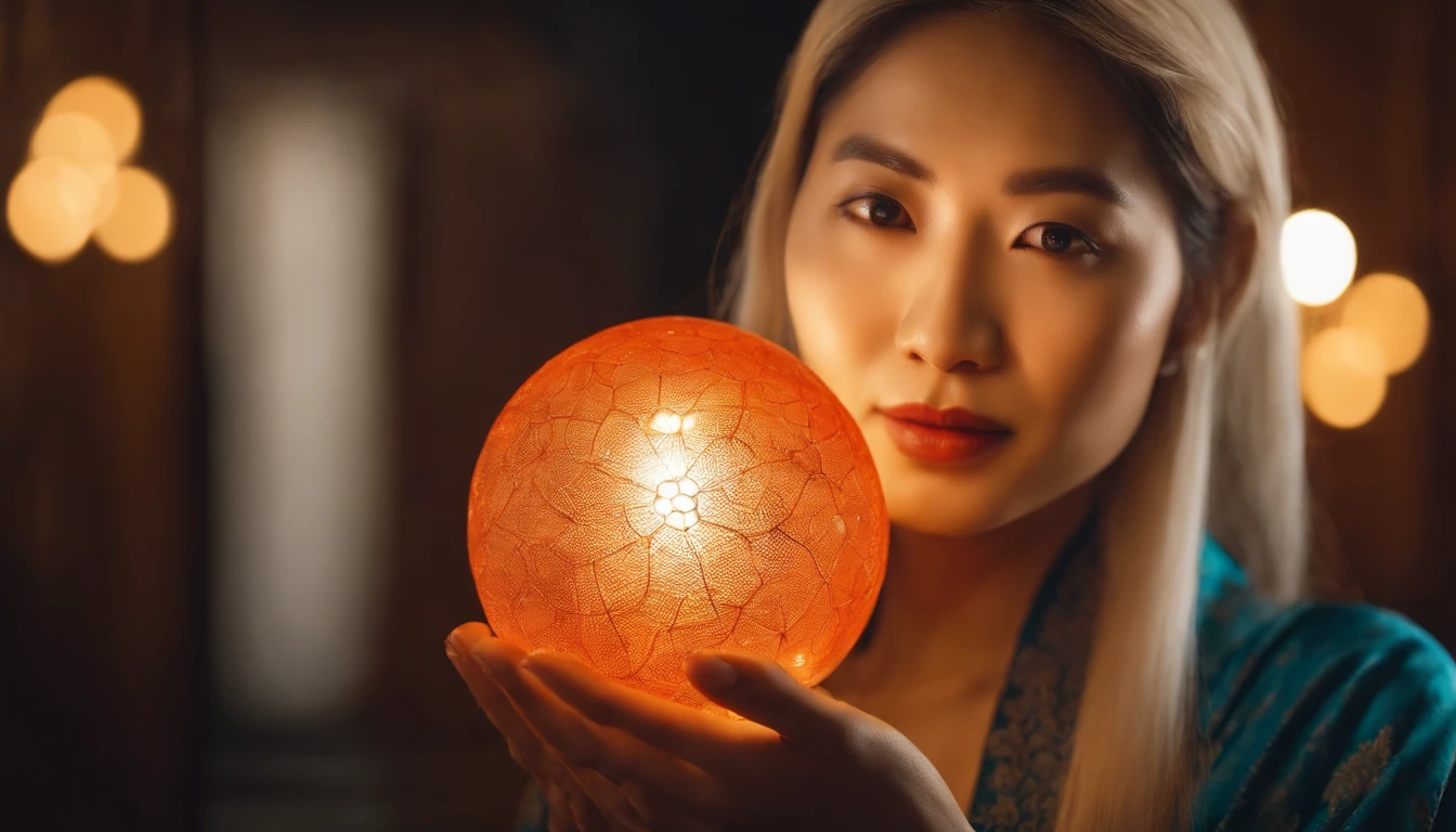 Close-up of 30-year-old middle-aged Asian woman，Holding a glowing ball in your hand,long, whitish hair，Vista-se de branco e medite de pernas cruzadas para acender a aura de magia ao seu redor，taoist master,taoist
