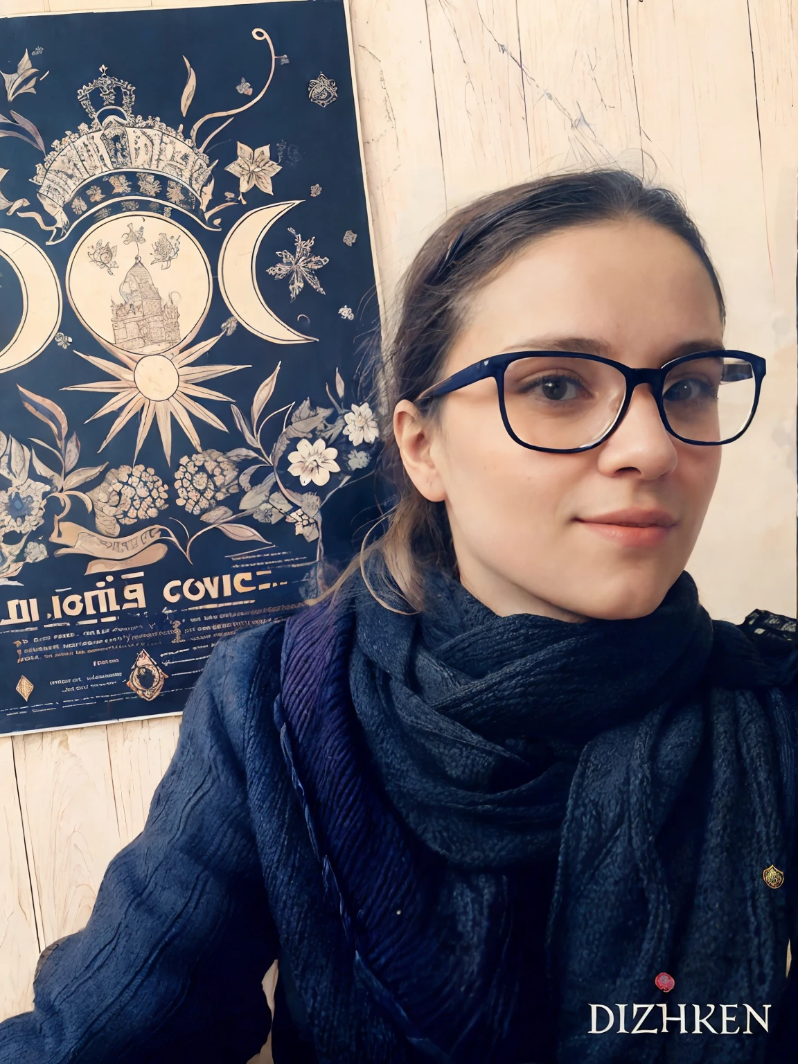 Woman wearing glasses and a scarf in front of a poster, photo of džesika devic, posuka demizu |, She wears Harry Potter glasses,  illustration!, imagem retrato, Directed by: Adrienn Henczné Deák, inspirado em Lubin Baugin, ilustrador, girl wearing round glasses