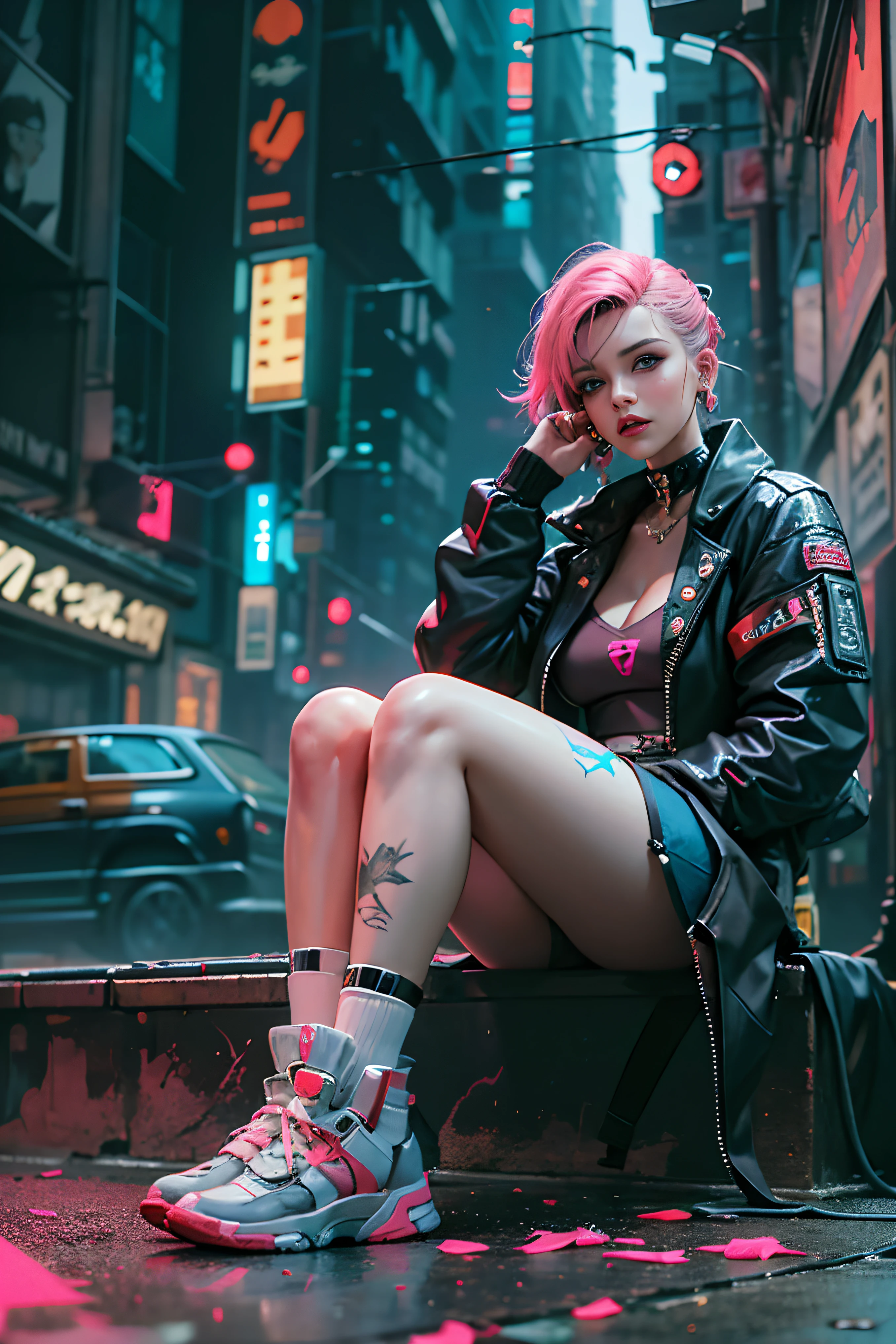 Araffe girl with pink hair sitting on a ledge in a city - SeaArt AI