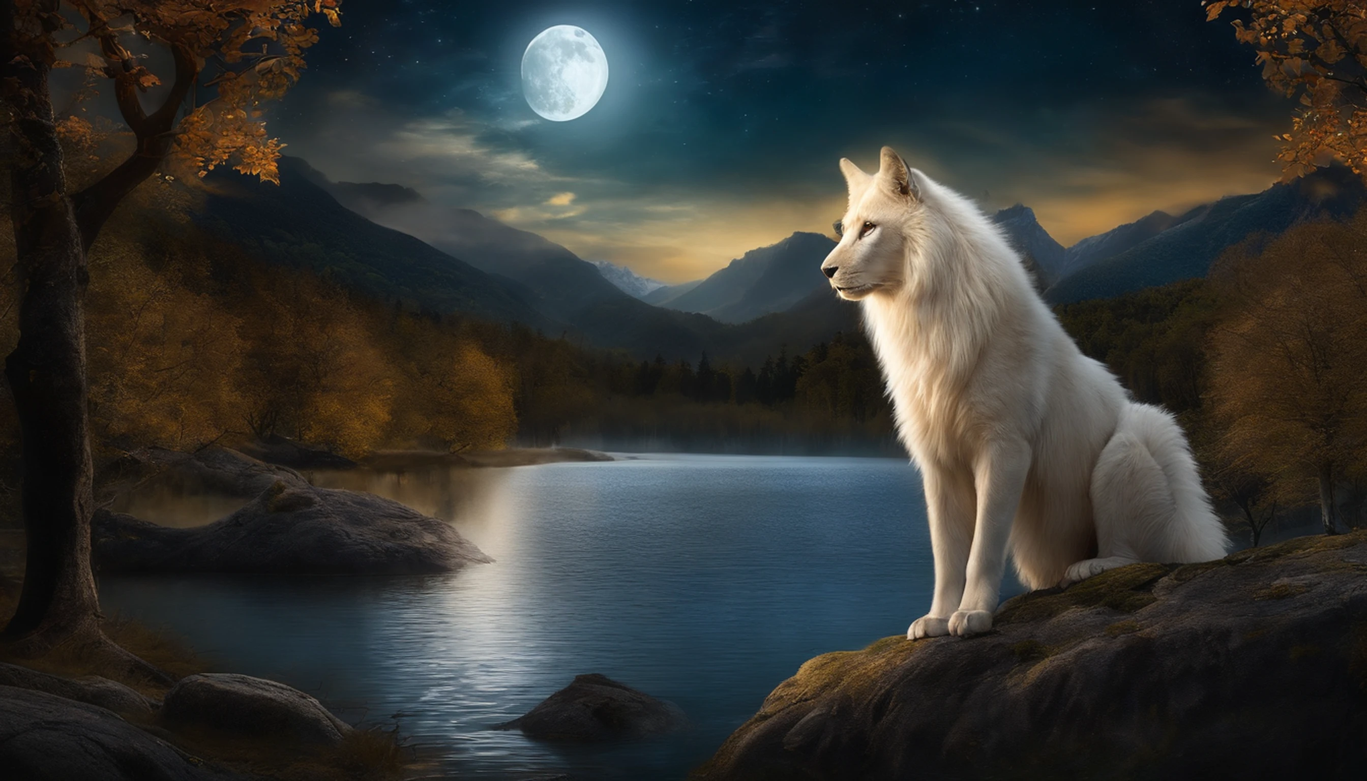 (best quality,Full HD),Mythical spirit beasts,large size,shining gigantic body,powerful presence,deep golden eyes,sharp fangs,long, flowing tails,detailed fur,elaborate patterns,superbly realistic features,ethereal glow,vibrant colors,forests in the background,majestic mountains,peaceful moonlight,calm serene atmosphere,luminous moonbeam,soft, mystical glow,gentle breeze,leaves rustling,night sky filled with stars
