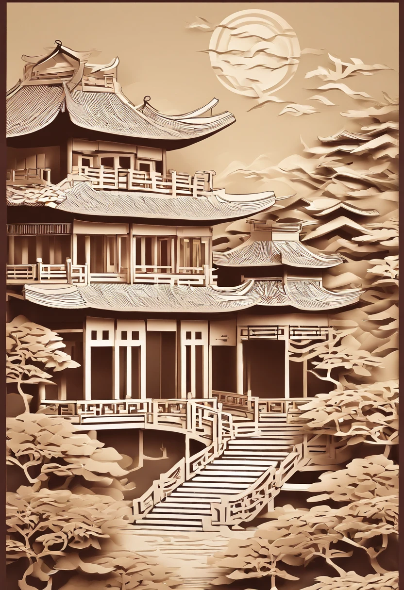 Chinese，Chinese landscape，Ancient rhyme Jiangnan，Yamakawa，Cypress，Pavilions