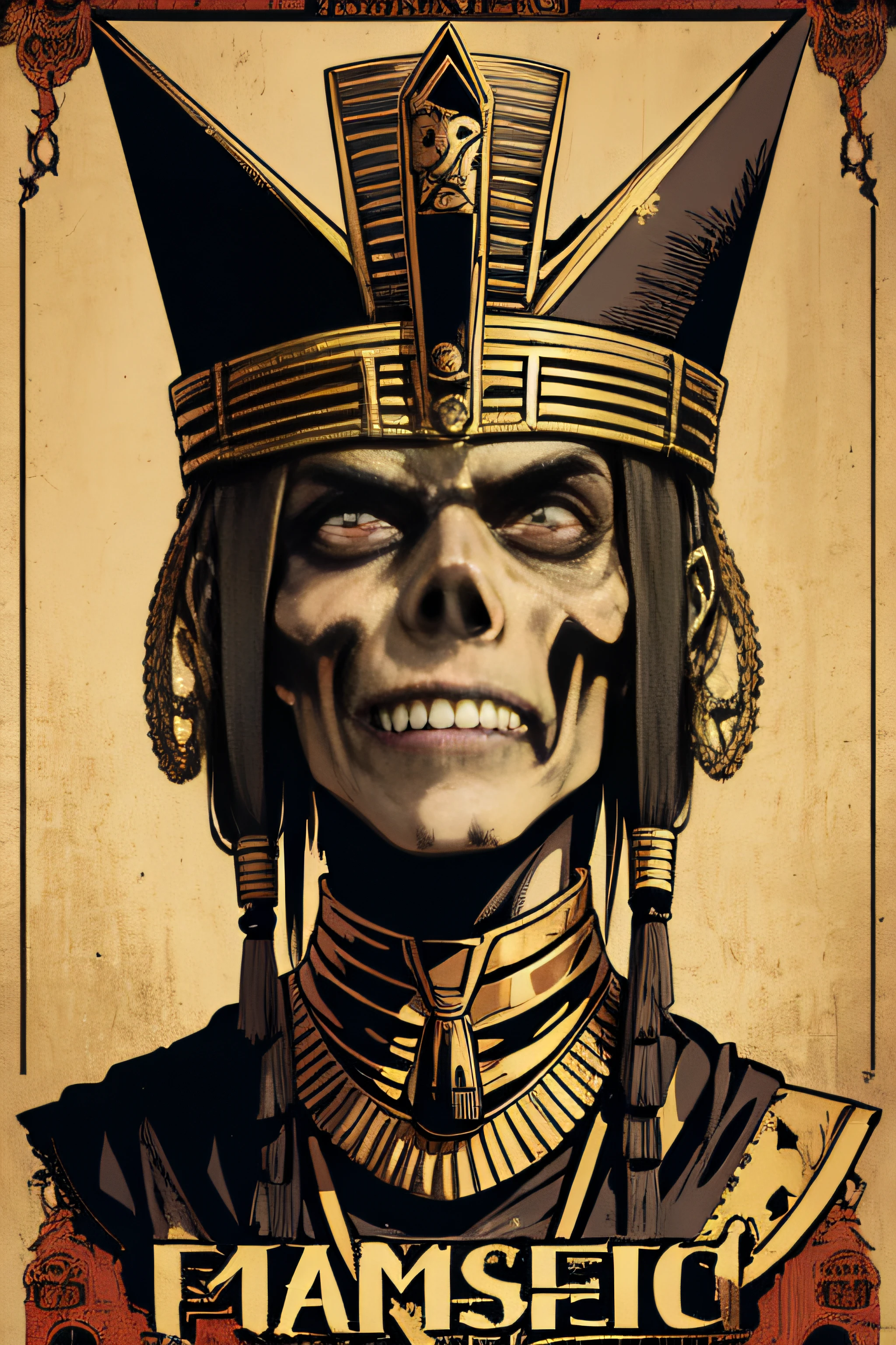 (Masterpiece, Best Quality), 8k Wallpaper, highly detailed, poster, Zombie Pharaoh, Borris Karloff, skulls, death, gothic, mummy, horror, Egyptian, 1930s, shapes, lines, abstract, propaganda, fantasy film, bauhaus, movie poster, vintage, low-angle shot,