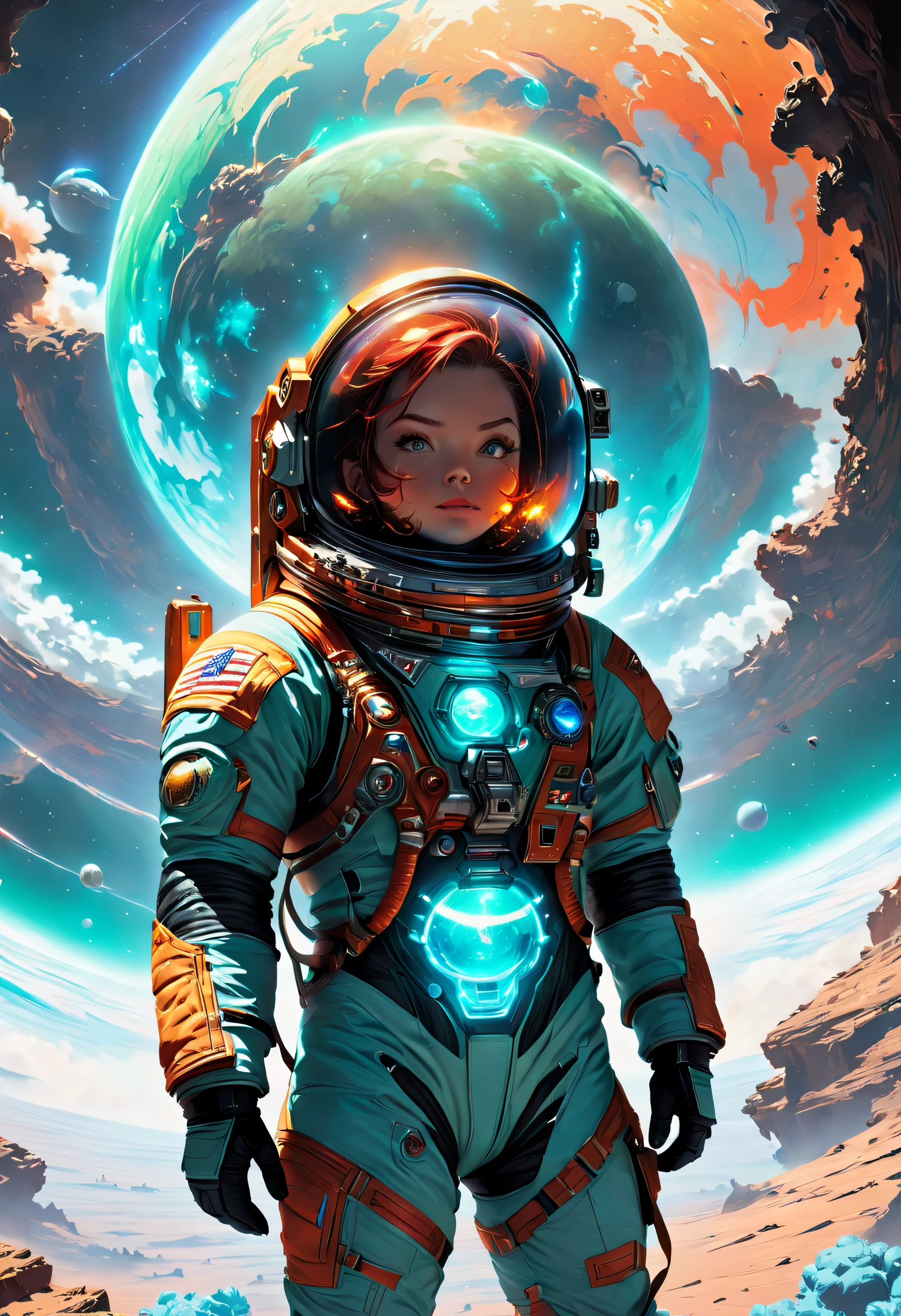 full framing, Dynamic composition, Dynamic pose + Surreal scene about astronauts in minimalist spacesuits, Red carmine and turquoise as well as orange and blue-green WHO [Drive a well-designed minimalist spaceship] In orbit around the Earth. author：Dan Mumford 和 Peter Mohrbacher 和 Craig Mullins, Matte painting, trending on artstationh, Featured on Pixiv, Cinematic composition, dramatic pose, Beautiful lighting, Sharp, Details, Hyper-detailed, HD, hdr, 4K,