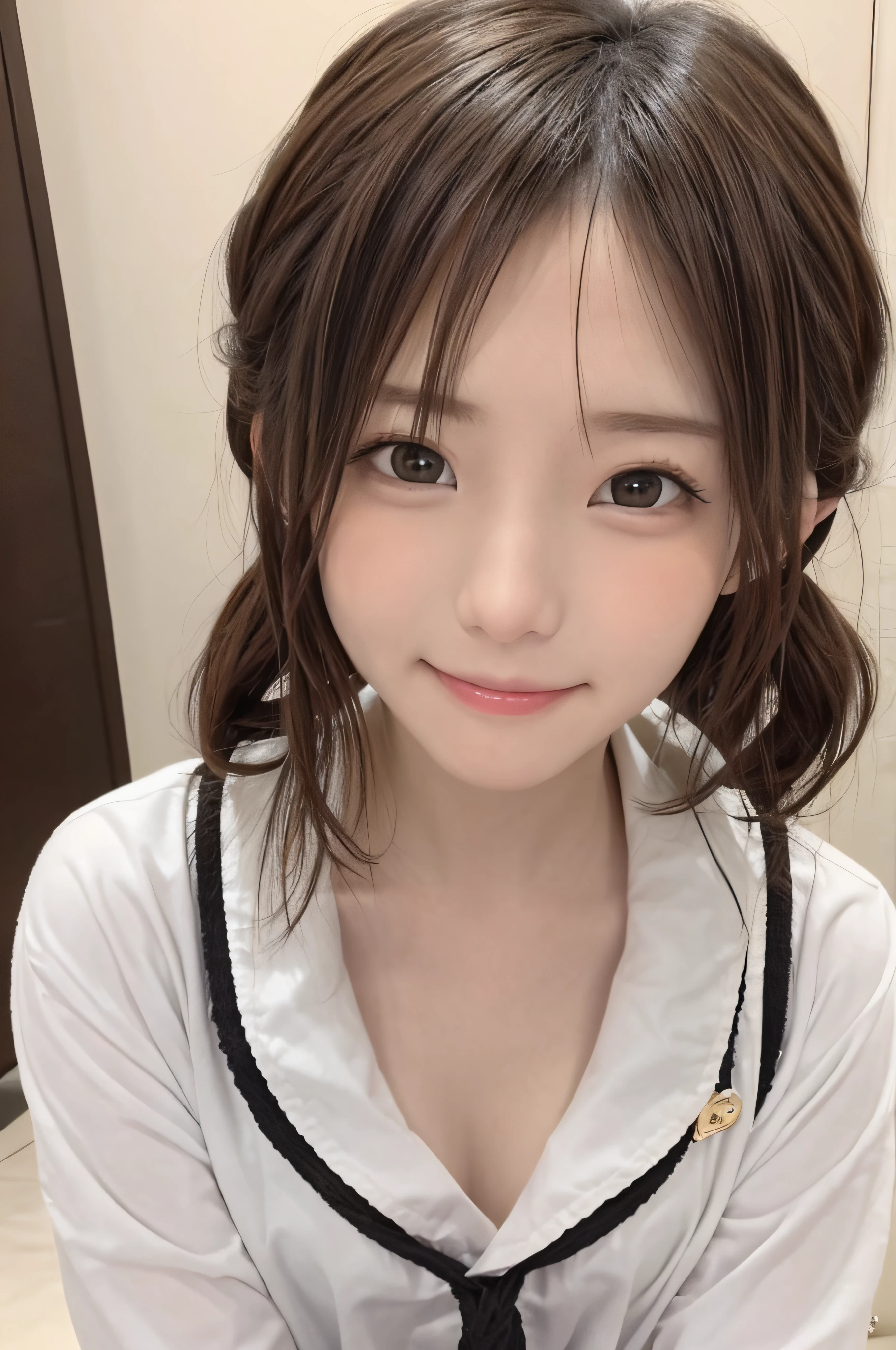 highest quality, one girl, (beautiful girl:1.3), ⦅smile 1.6⦆20-year-old,⦅twin tails⦆ very detailed definition, (symmetrical eyes:1.3), ⦅Maid clothes,⦆ beautiful breasts, brown eyes, parted bangs, brown hair、sitting on the bed