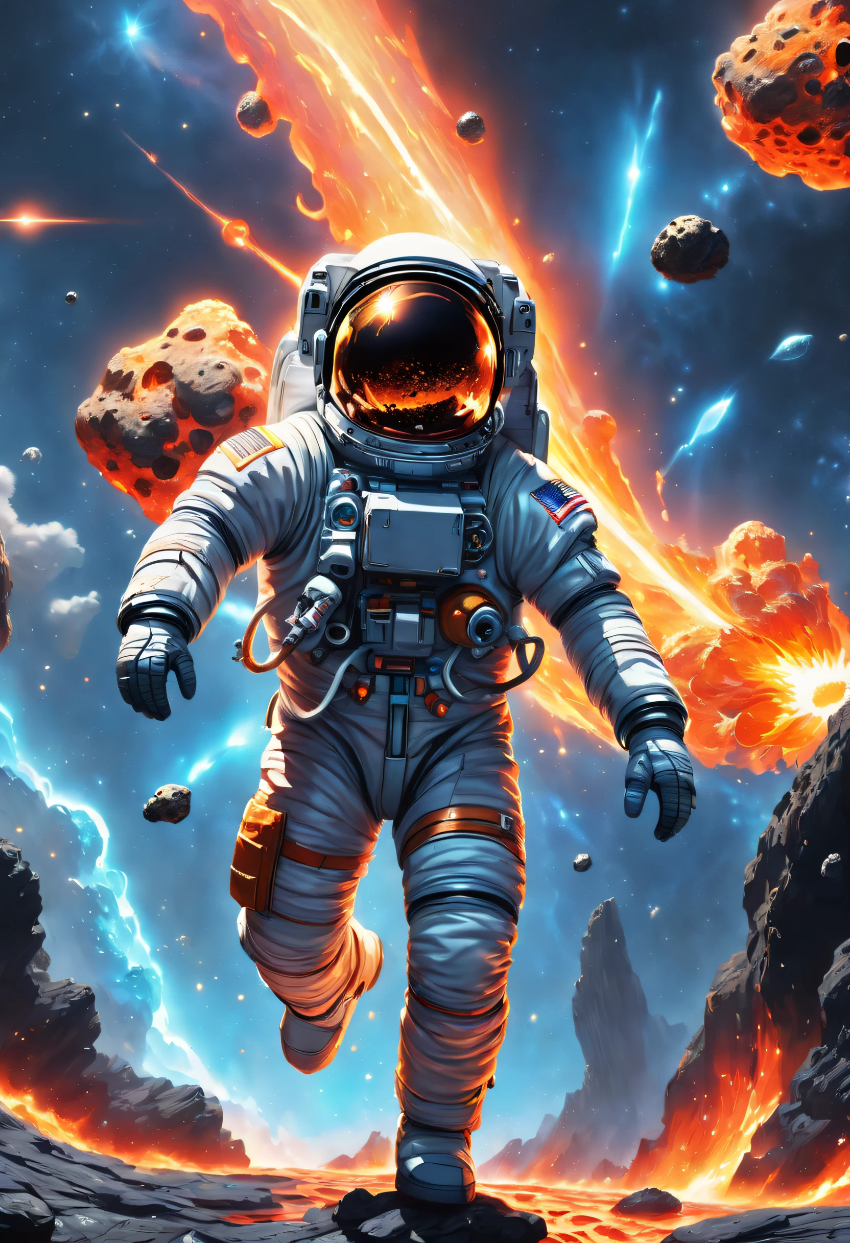 Contrasting elements，A beautifully detailed depiction of an astronaut struggling to climb an asteroid，On the left is hot lava，On the right is sparkling water，cosmic starry sky，Meteorites fly over the background，The work is fascinating，with dynamism，Capture the awe-inspiring beauty and dangers of outer space exploration。