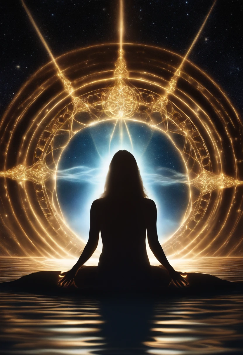 a person sitting in a lotus position with a glowing halo above them, glowing holy aura, spiritual enlightenment, cosmic enlightenment, glowing dark aura, glowing electric aura, liquid glowing aura, glowing black aura, glowing aura, white glowing aura, radiating a glowing aura, enlightenment, inverse dark glowing power aura, enlightenment. intricate, elven spirit meditating in space